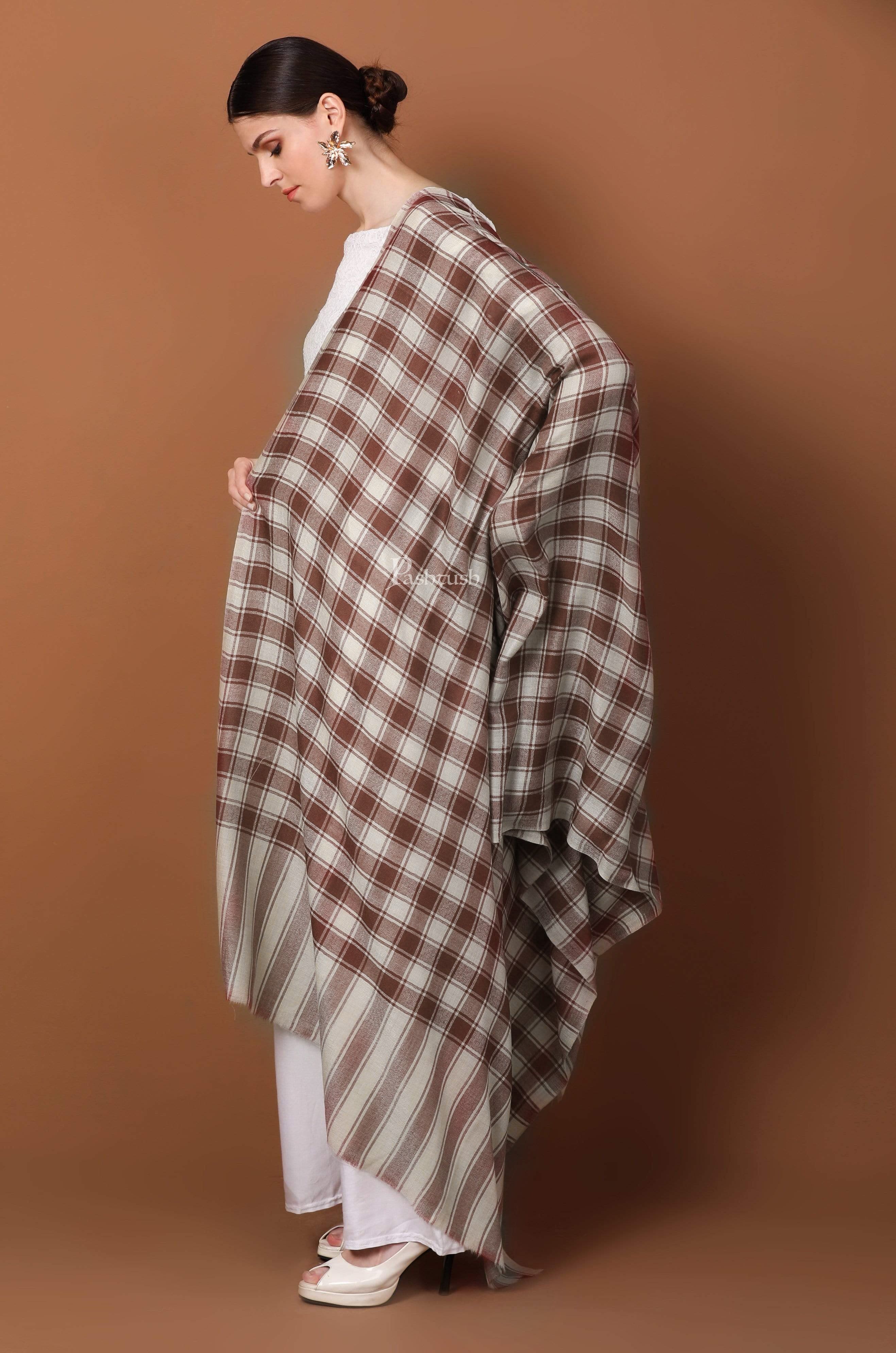 Pashtush Womens Fine Wool Shawl, Checkered Design, coffee beige - Image 4