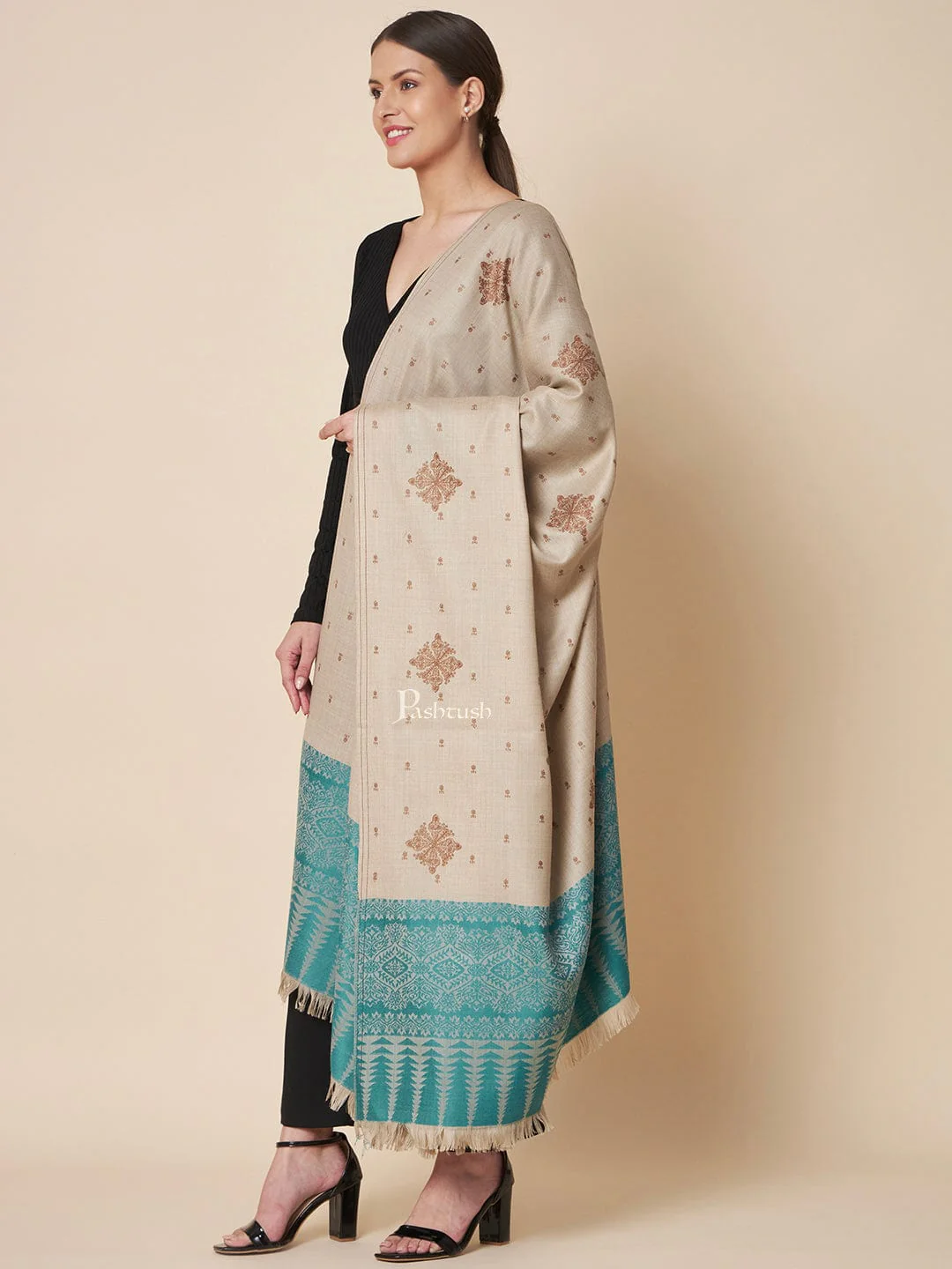 Pashtush Womens Fine Wool Shawl, Contrast Palla With Tonal Embroidery Design, Beige - Image 3