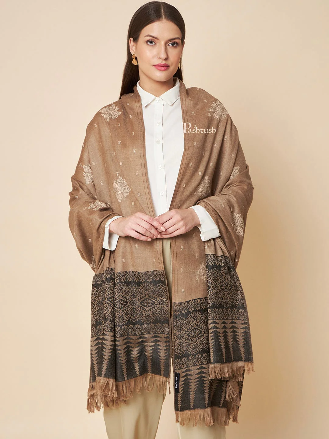 Pashtush Womens Fine Wool Shawl, Contrast Palla With Tonal Embroidery Design, Blue And Beige