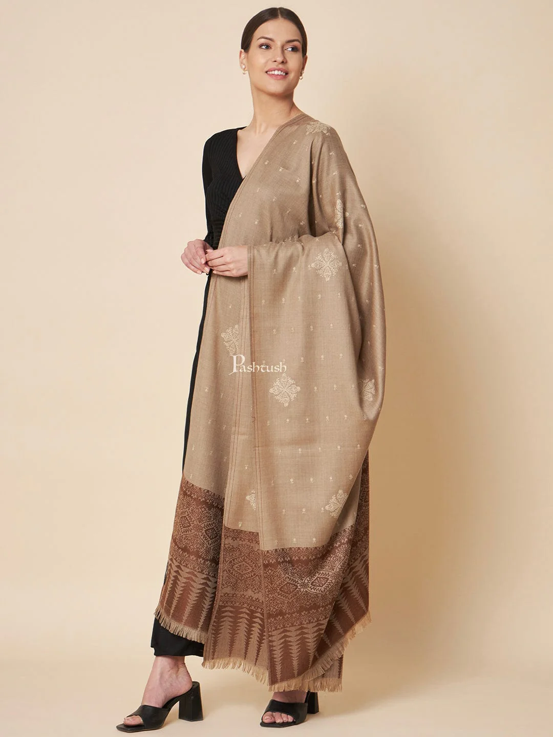 Pashtush Womens Fine Wool Shawl, Contrast Palla With Tonal Embroidery Design, Taupe - Image 2