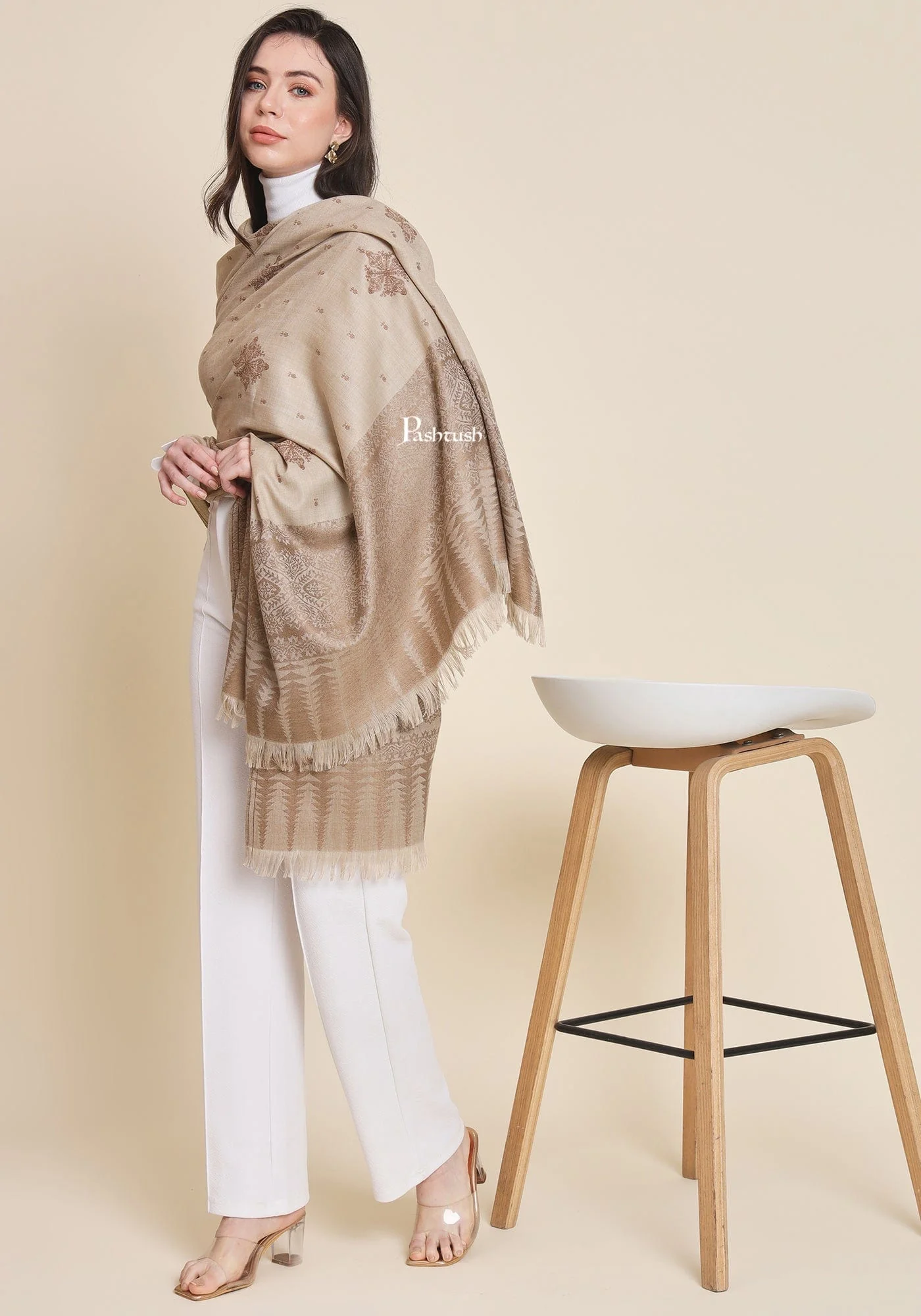 Pashtush Womens Fine Wool Shawl,  Design, Beige - Image 6