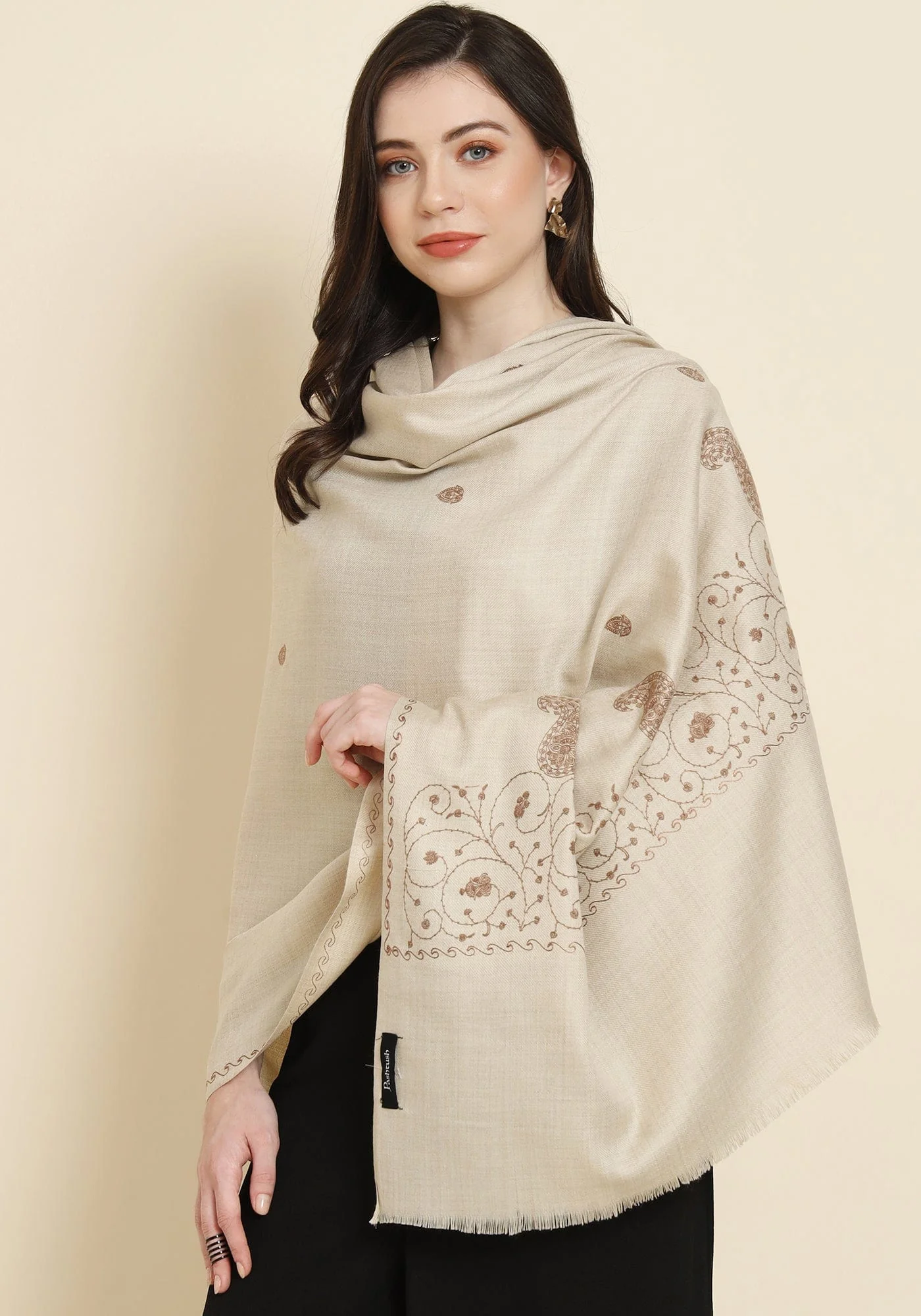 Pashtush Womens Fine Wool Shawl,  Design, Beige - Image 6