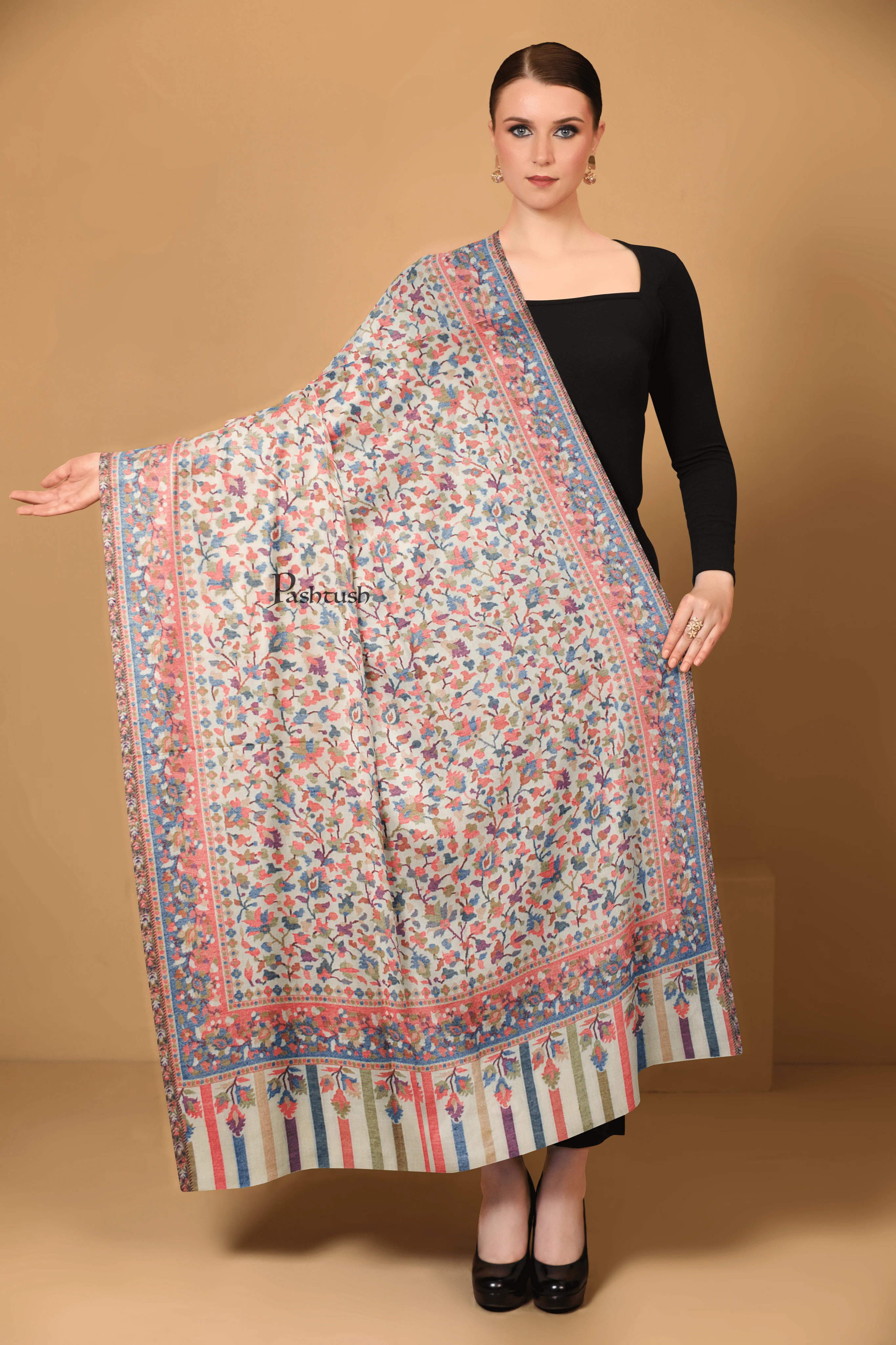 Pashtush Womens Fine Wool Shawl, Design, Ivory - Image 3