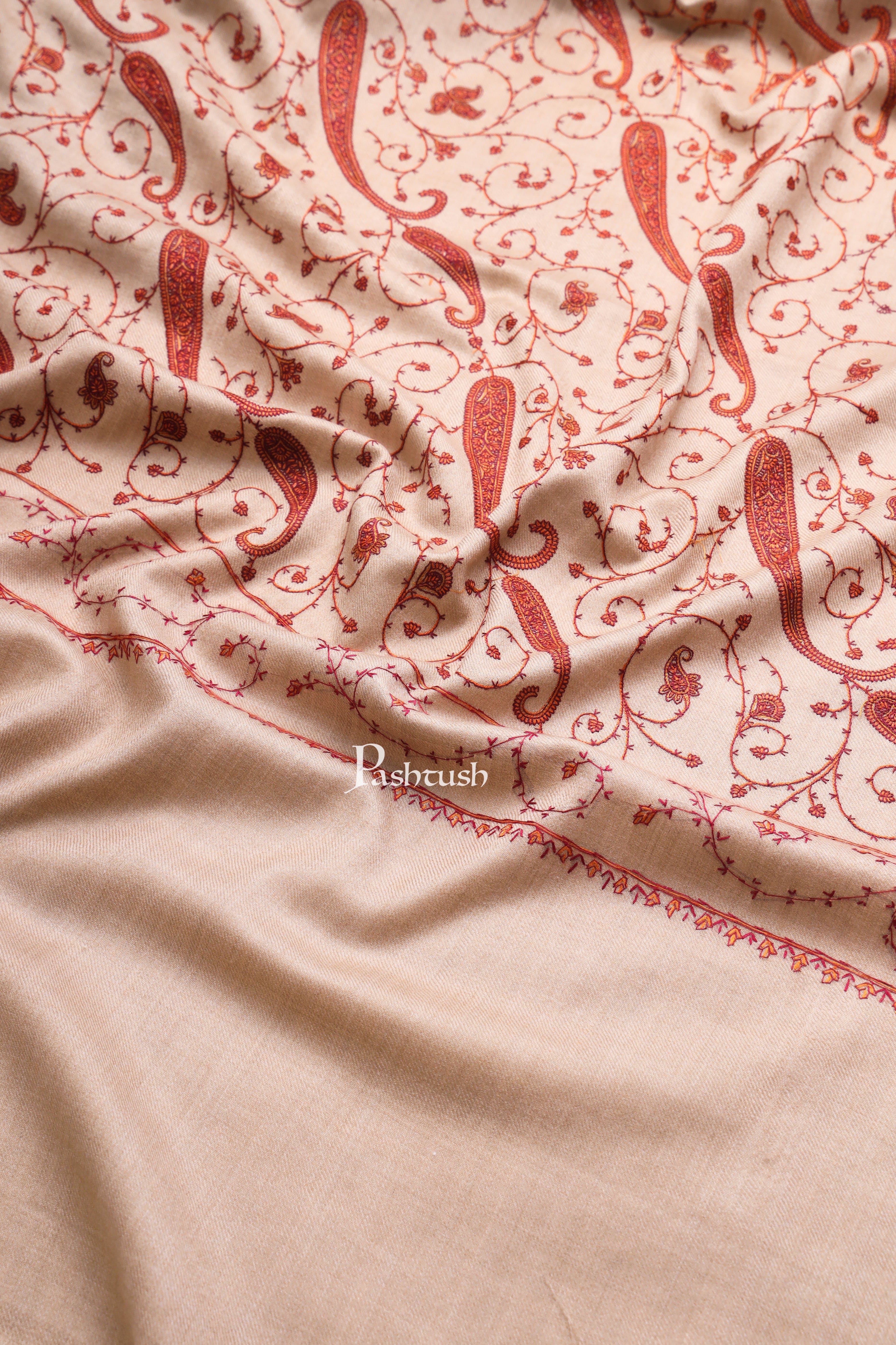 Pashtush Womens Fine Wool Shawl, Embroidery Jaal Design, Beige - Image 2