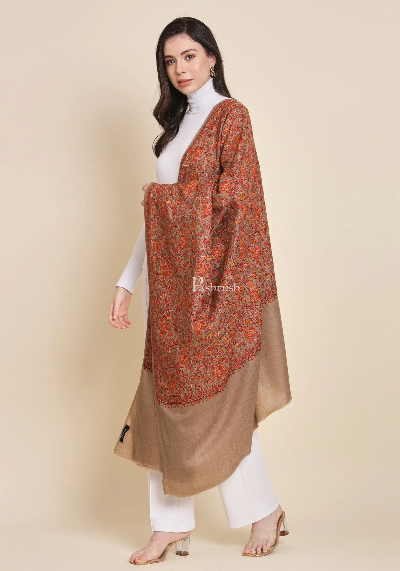 Pashtush Womens Fine Wool Shawl, Embroidery Jaal Design, Taupe