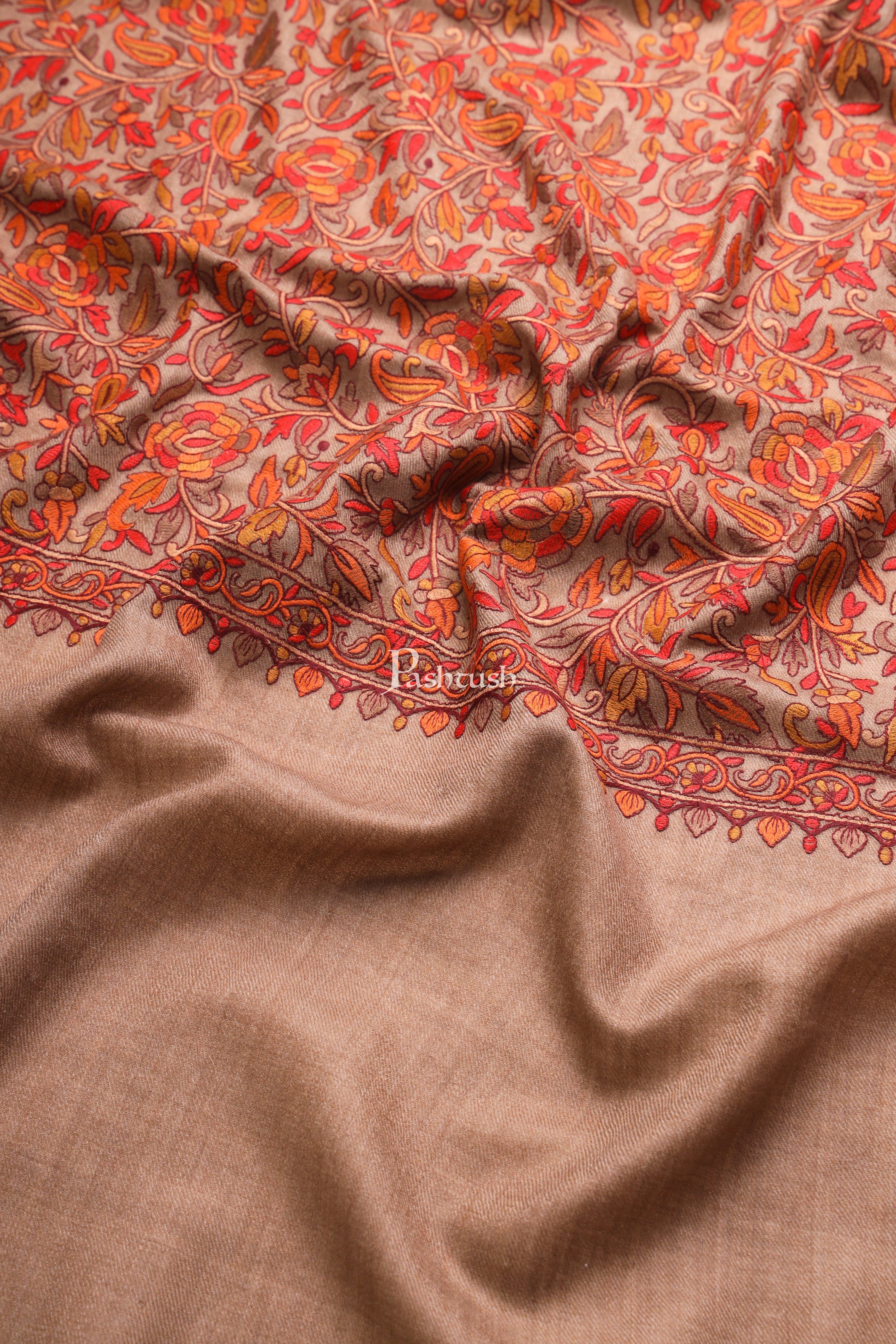 Pashtush Womens Fine Wool Shawl, Embroidery Jaal Design, Taupe - Image 2