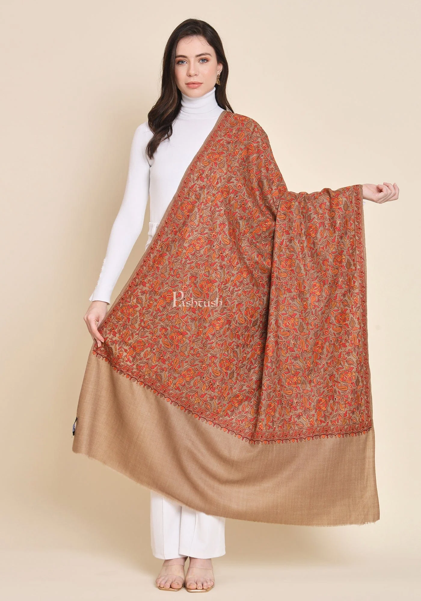 Pashtush Womens Fine Wool Shawl, Embroidery Jaal Design, Taupe - Image 3