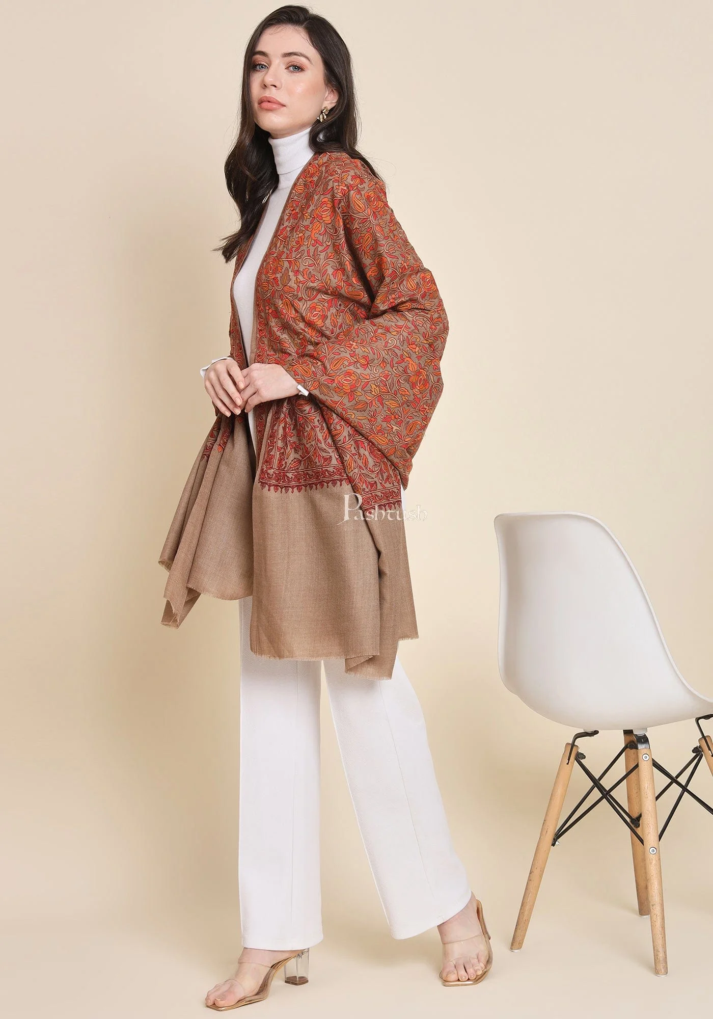 Pashtush Womens Fine Wool Shawl, Embroidery Jaal Design, Taupe - Image 6