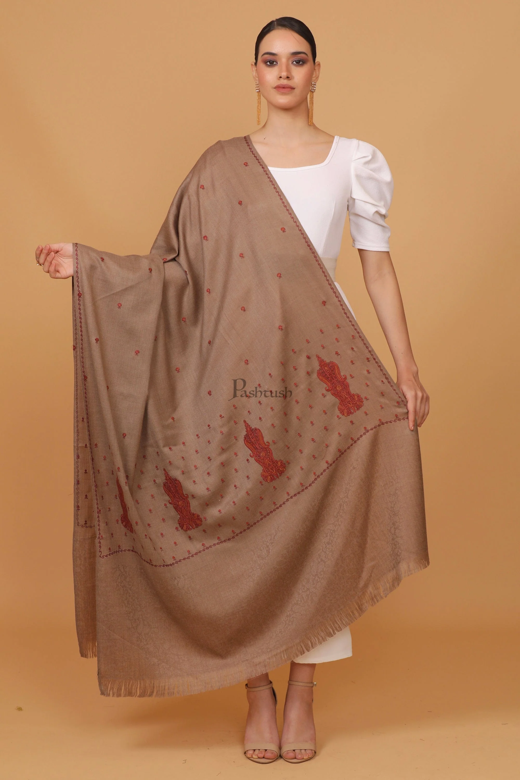 Pashtush womens Fine Wool shawl, embroidery shawl Paisley self palla design, Taupe - Image 2