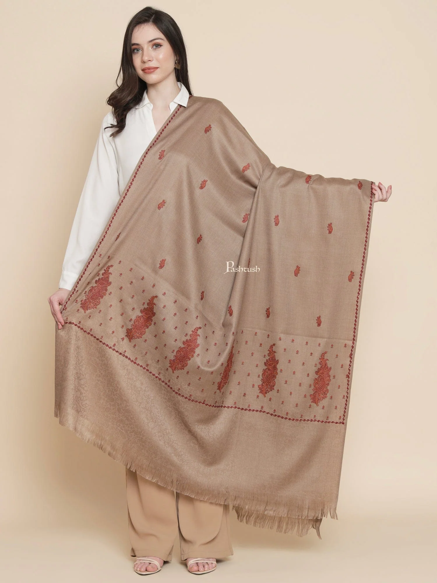 Pashtush womens Fine Wool shawl, embroidery shawl Paisley self palla design, Taupe
