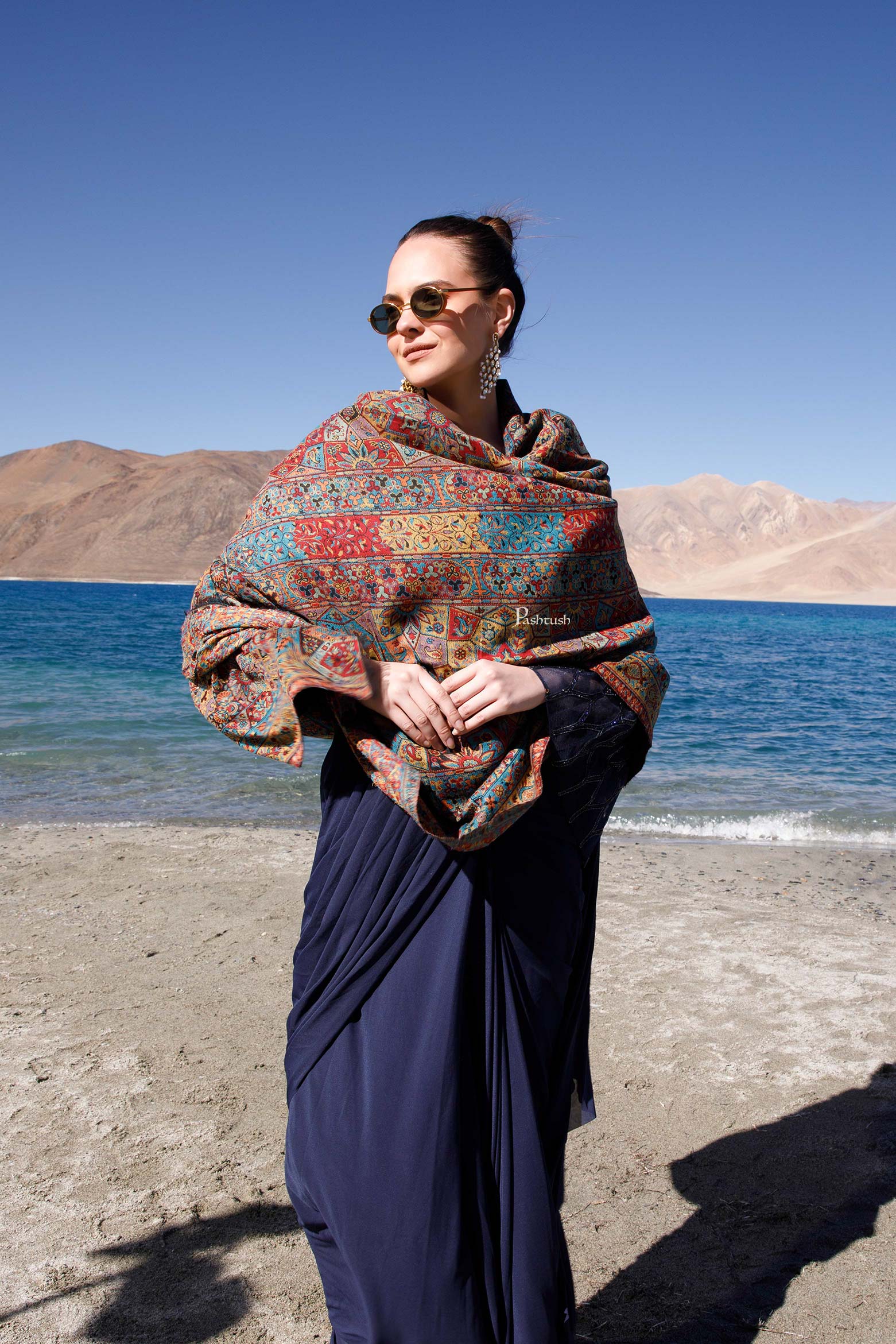 Pashtush Womens Fine Wool Shawl, Ethnic Weave Design, Multicolour - Image 2