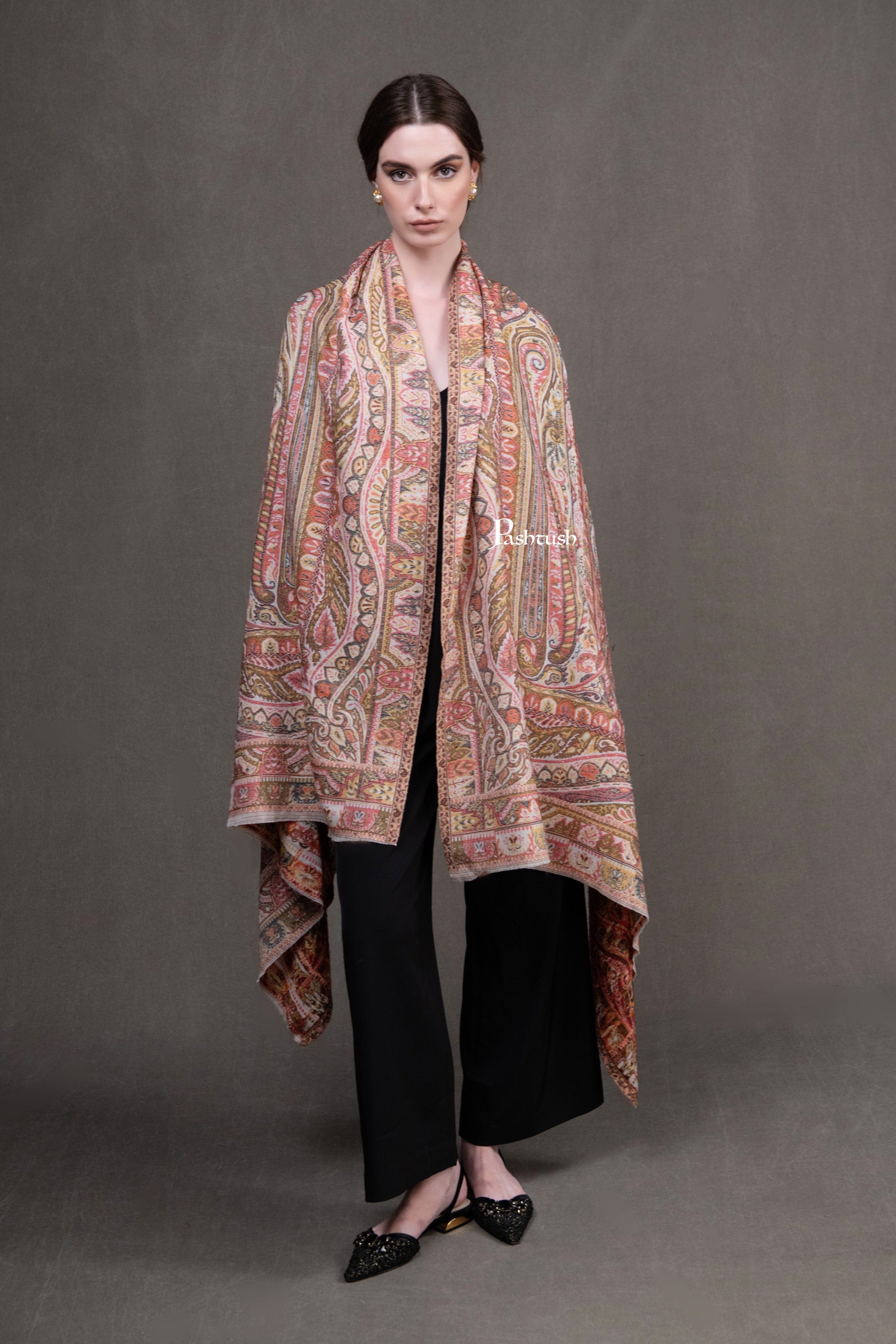 Pashtush Womens Fine Wool Shawl, Ethnic Weave, Paisley Jamawar Design, Beige - Image 2
