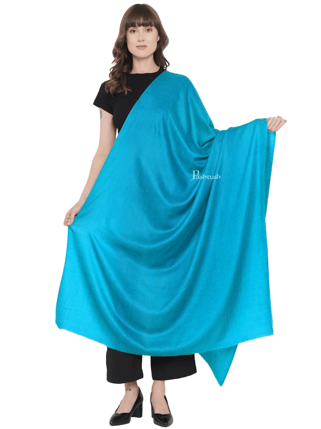 Pashtush Womens Fine Wool Shawl, Extra Soft, Basics Solid, Arabic Sea Blue - Image 3