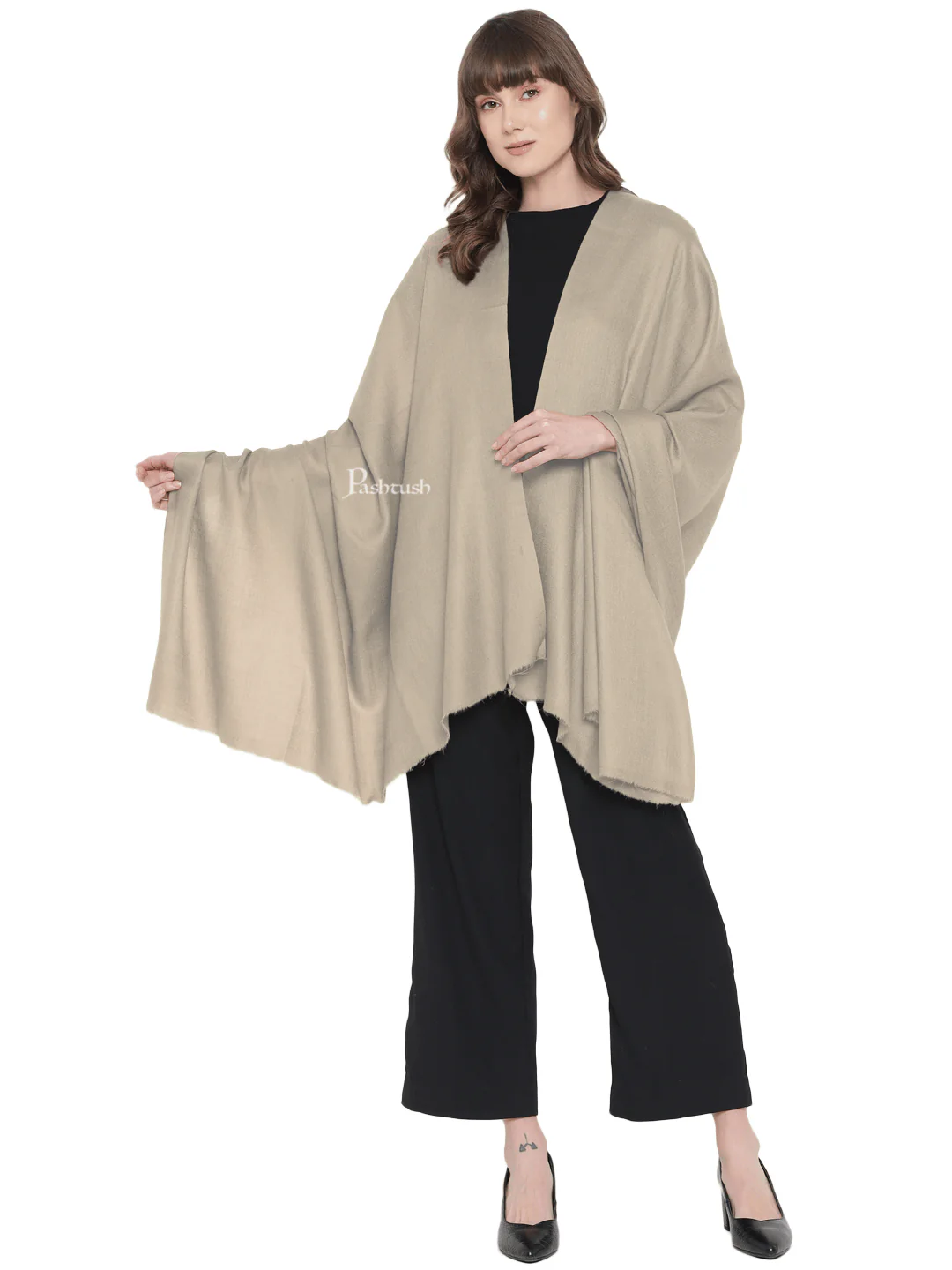 Pashtush Womens Fine Wool Shawl, Extra Soft, Basics Solid, Beige - Image 4