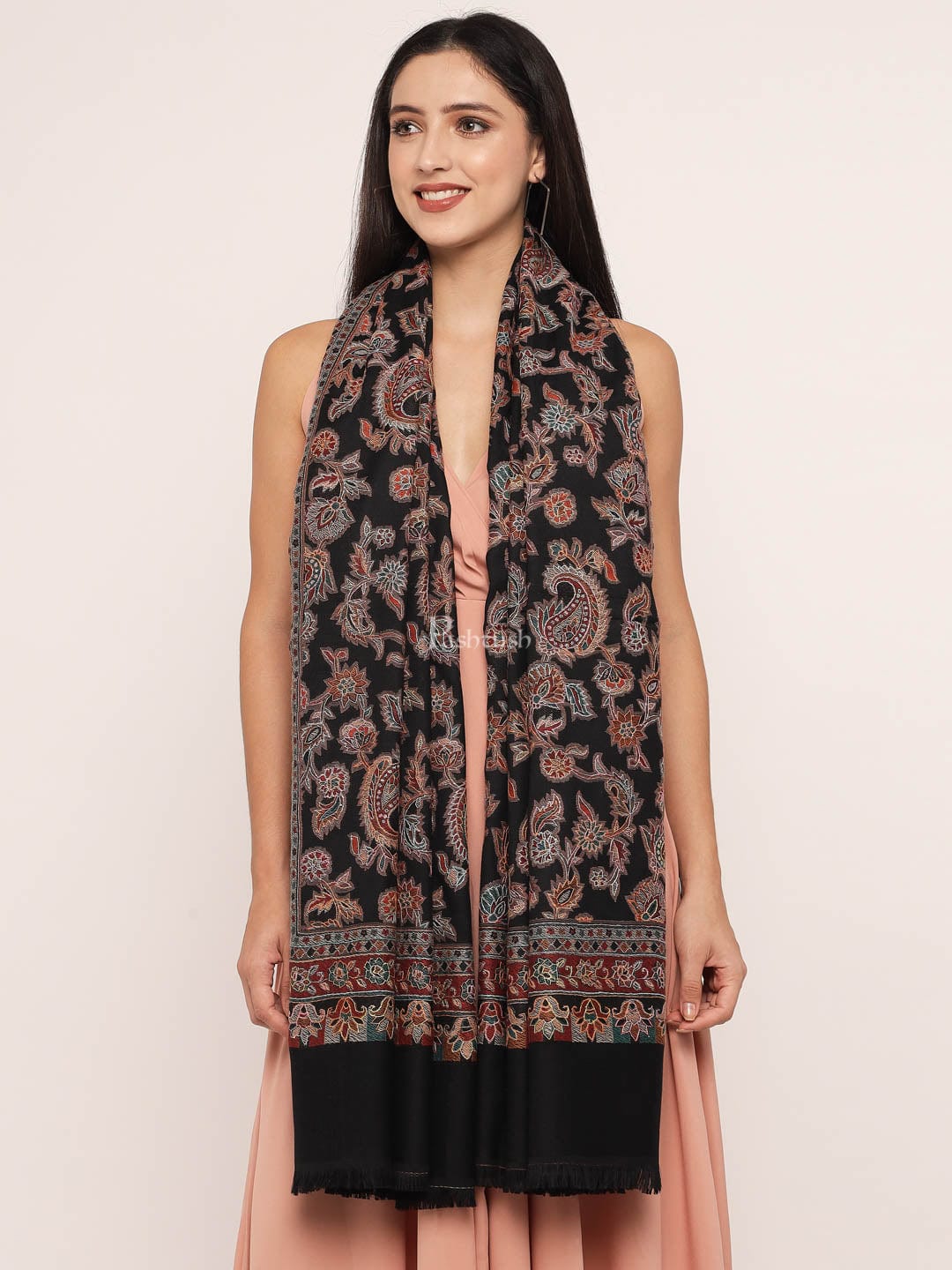 Pashtush womens Fine Wool shawl, hand embroidery design, Black - Image 3