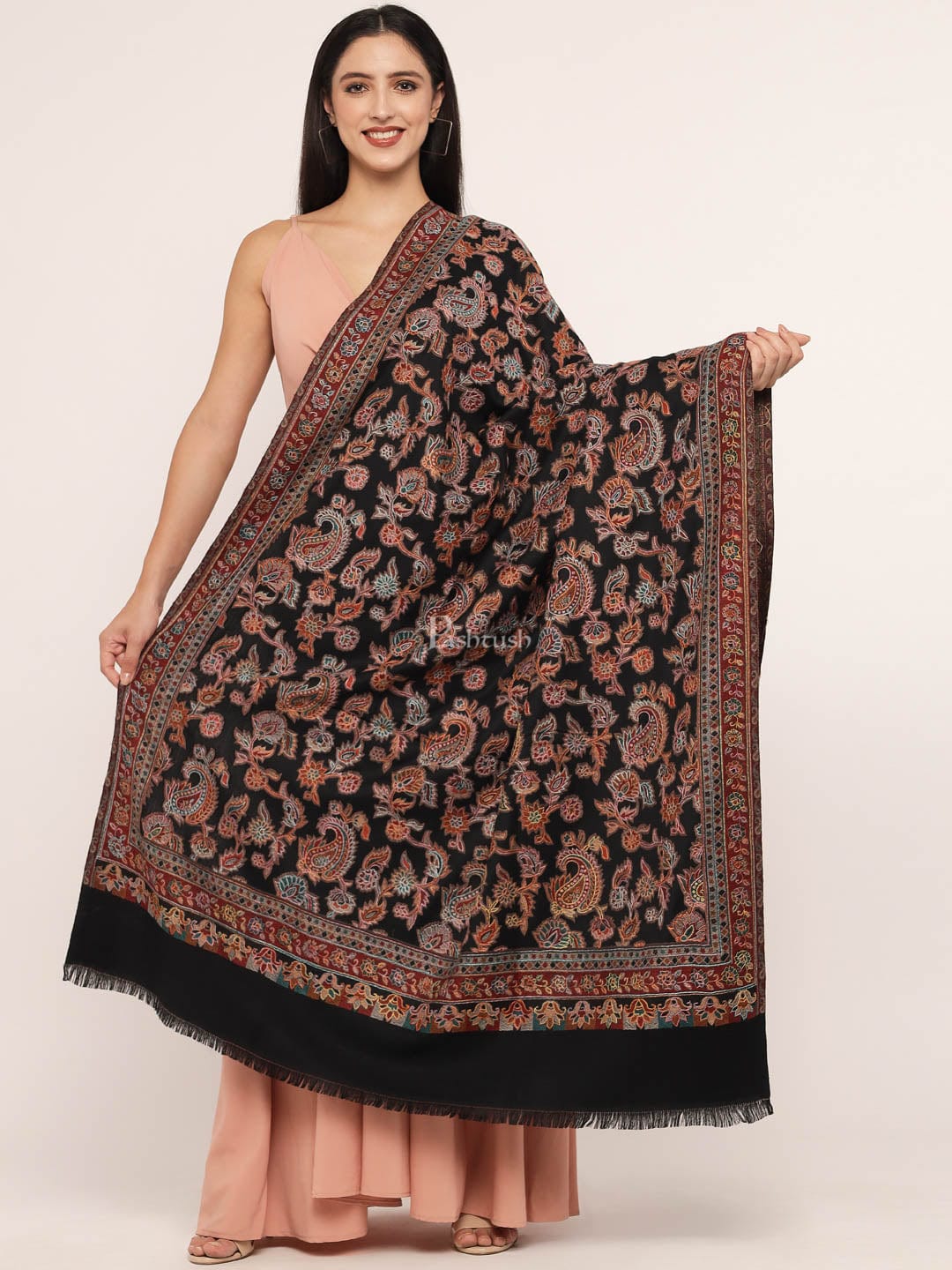 Pashtush womens Fine Wool shawl, hand embroidery design, Black - Image 4