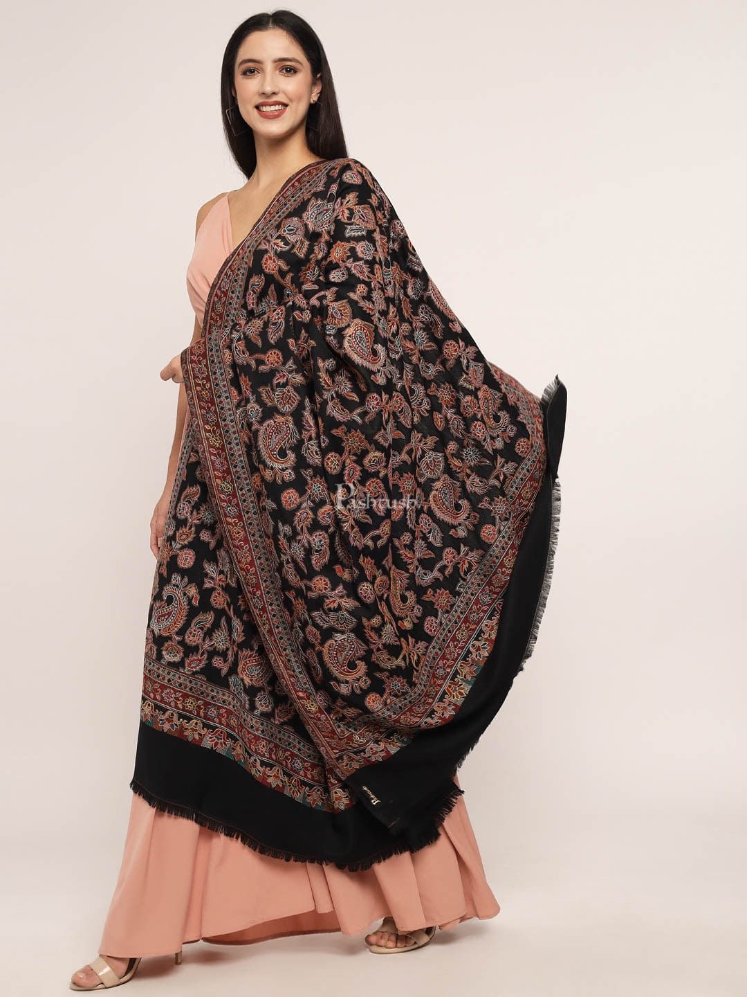 Pashtush womens Fine Wool shawl, hand embroidery design, Black - Image 5