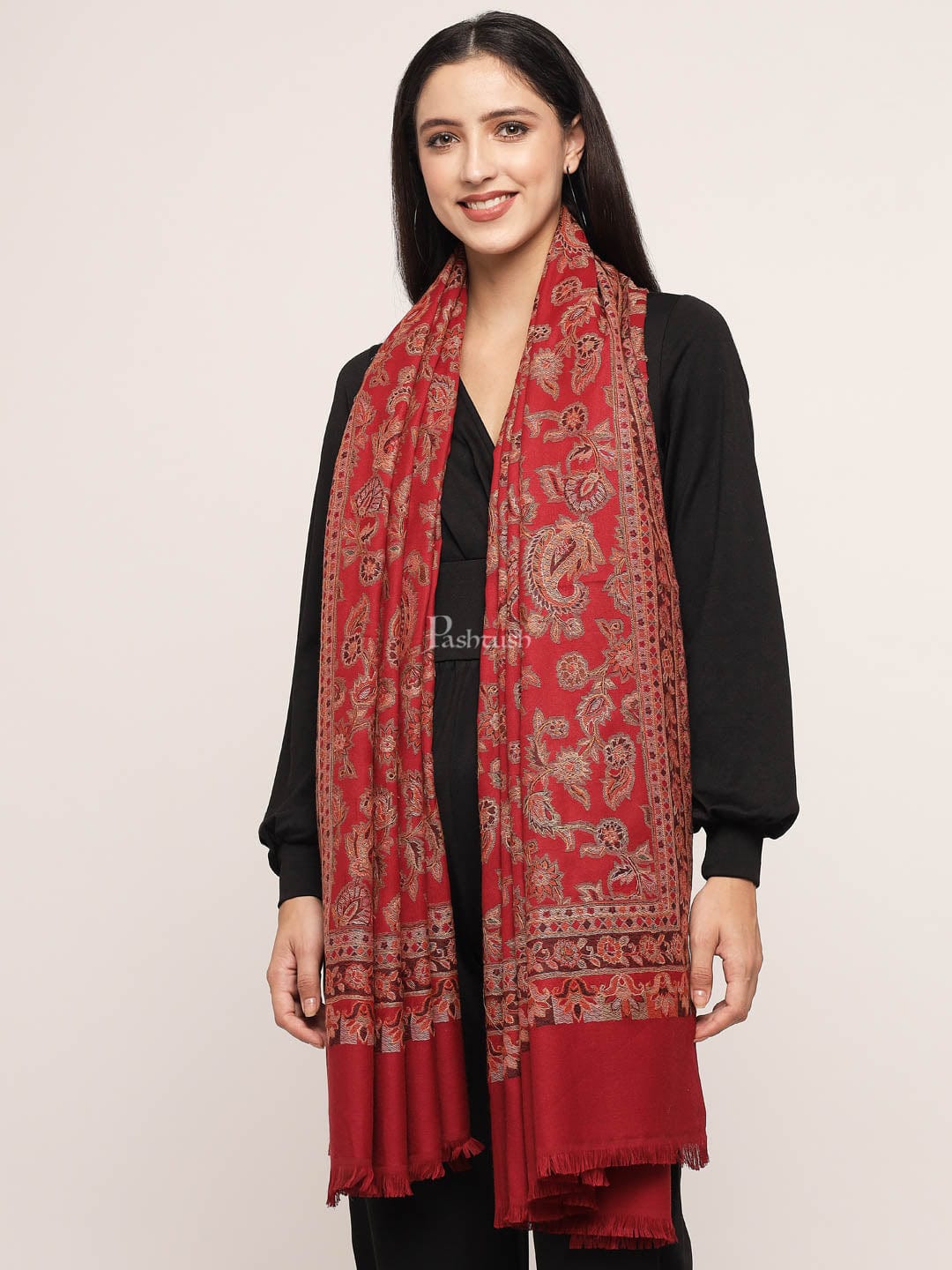 Pashtush womens Fine Wool shawl, hand embroidery design, Maroon - Image 3