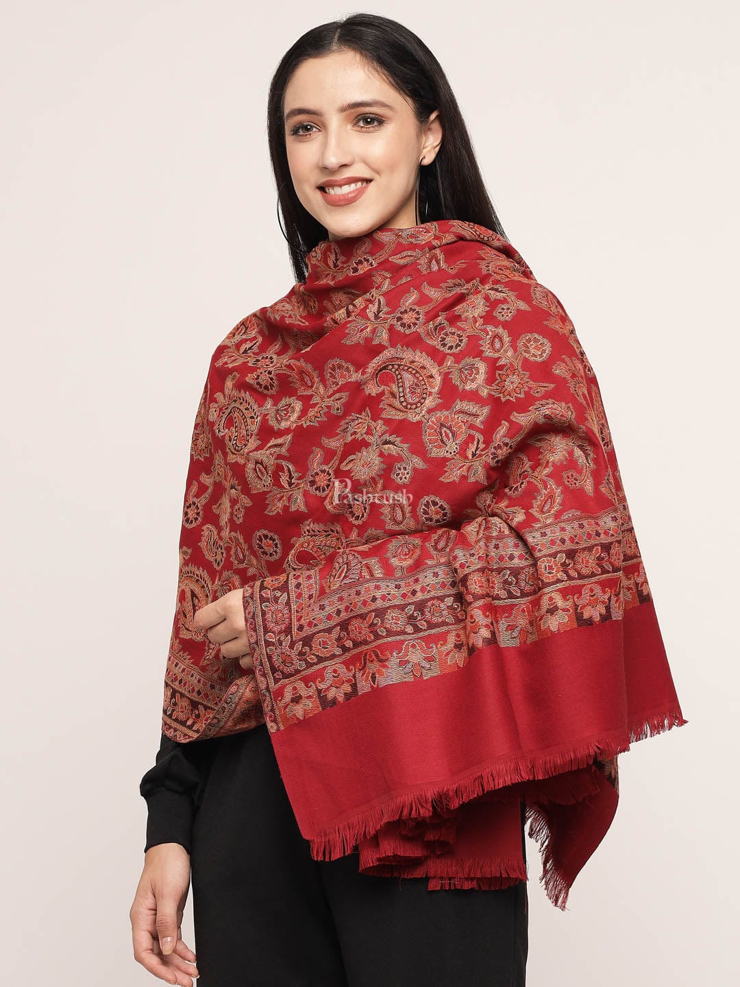 Pashtush womens Fine Wool shawl, hand embroidery design, Maroon - Image 4