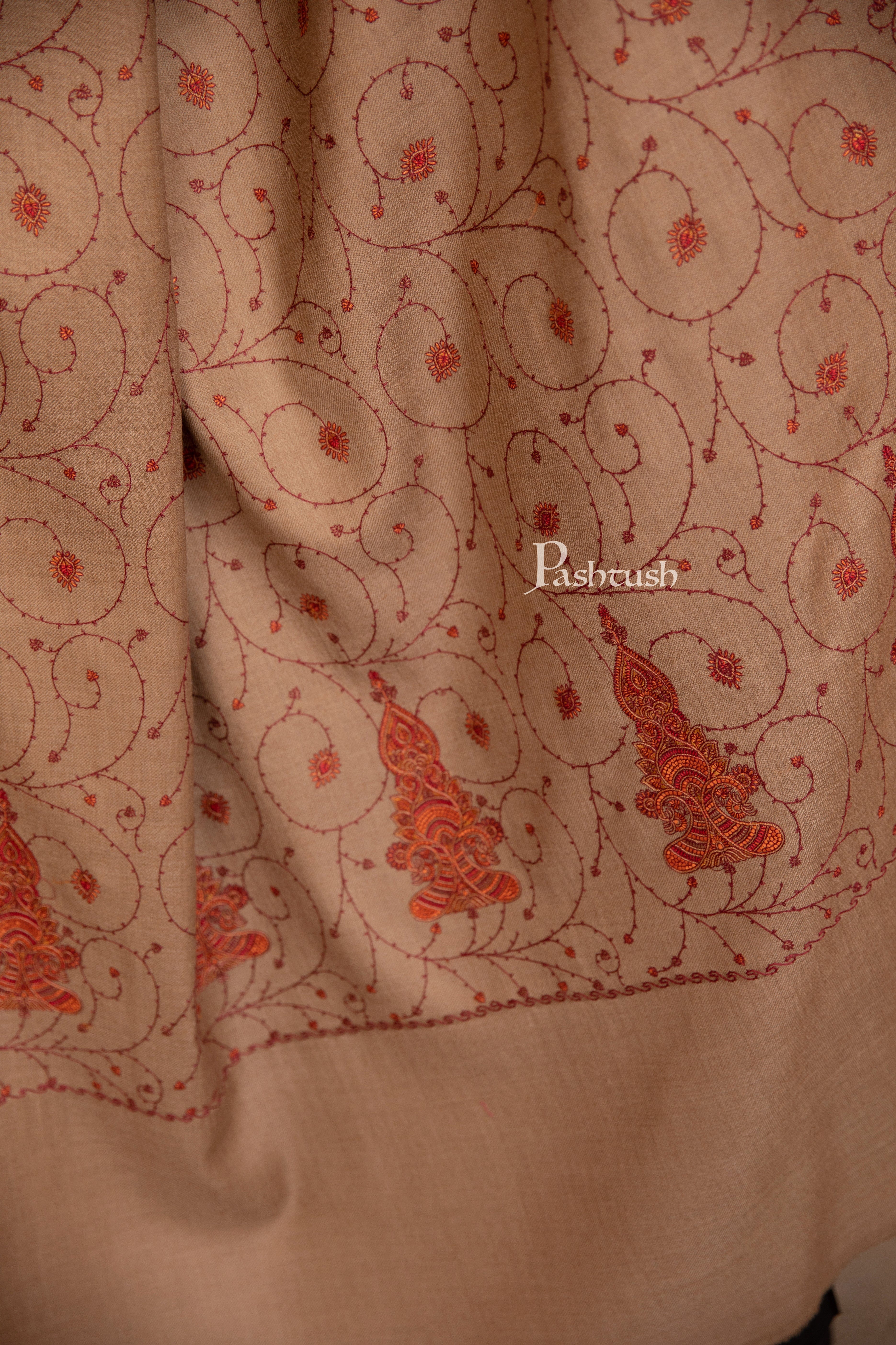 Pashtush Womens Fine Wool Shawl, Heavy Jaal Embroidery Design, Taupe - Image 2