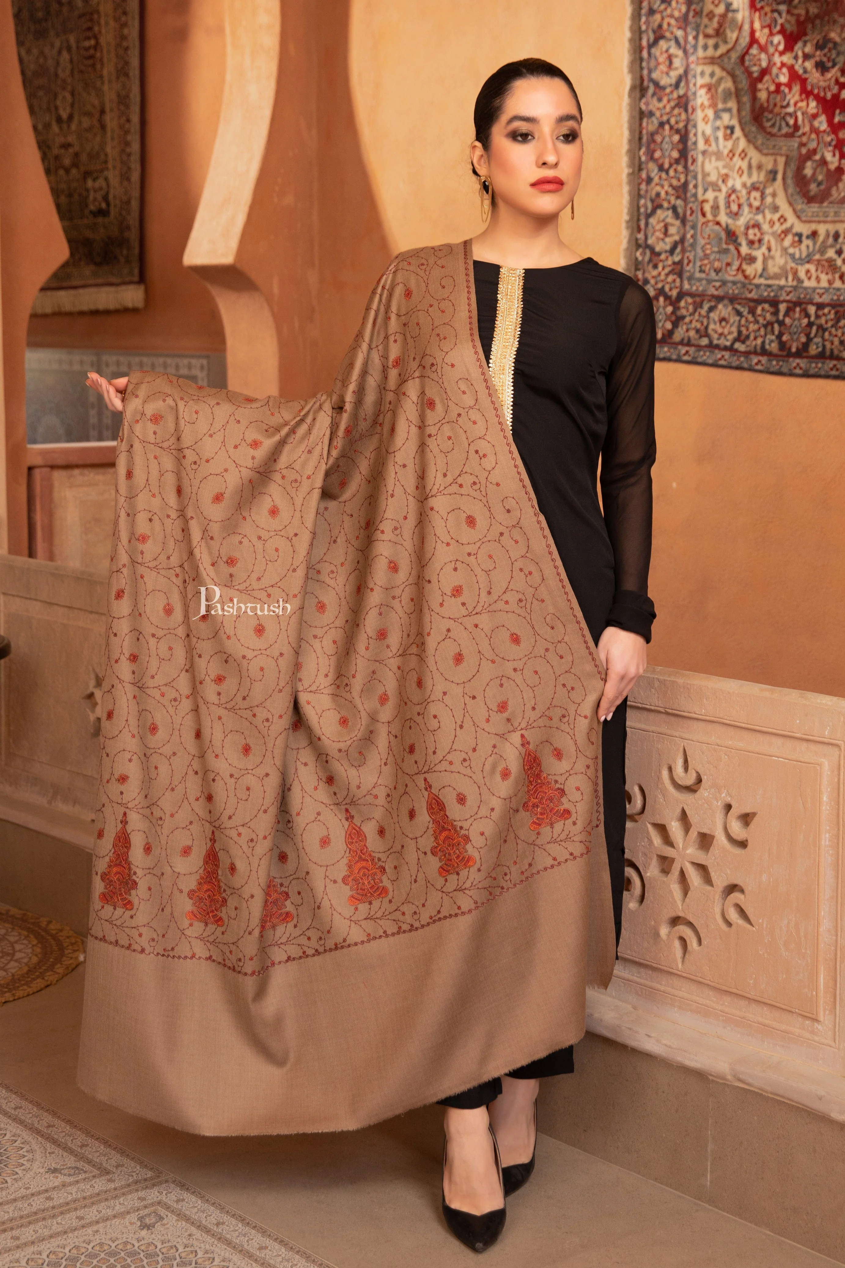Pashtush Womens Fine Wool Shawl, Heavy Jaal Embroidery Design, Taupe - Image 4
