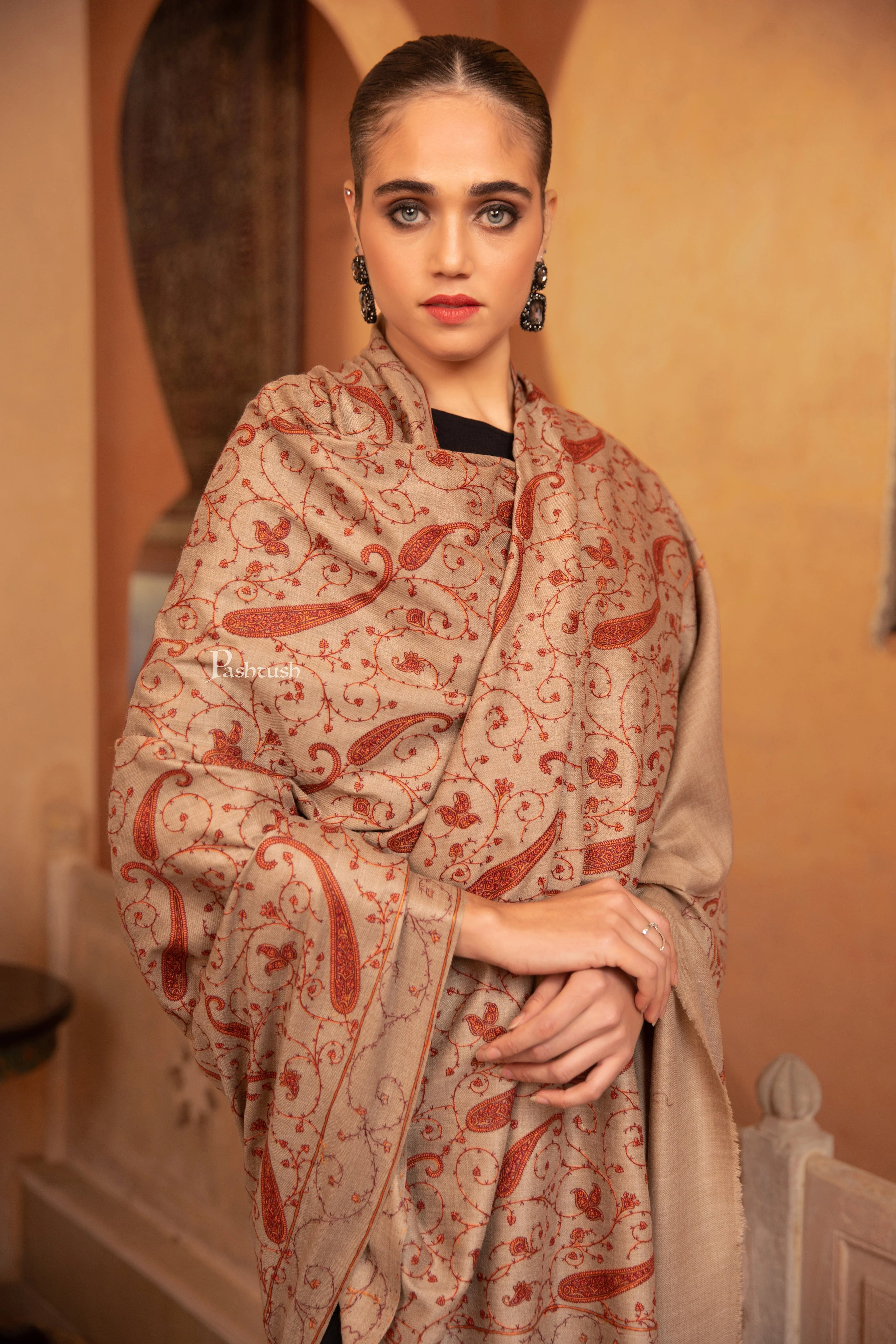 Pashtush Womens Fine Wool Shawl, Heavy Jaal Embroidery Design, Beige