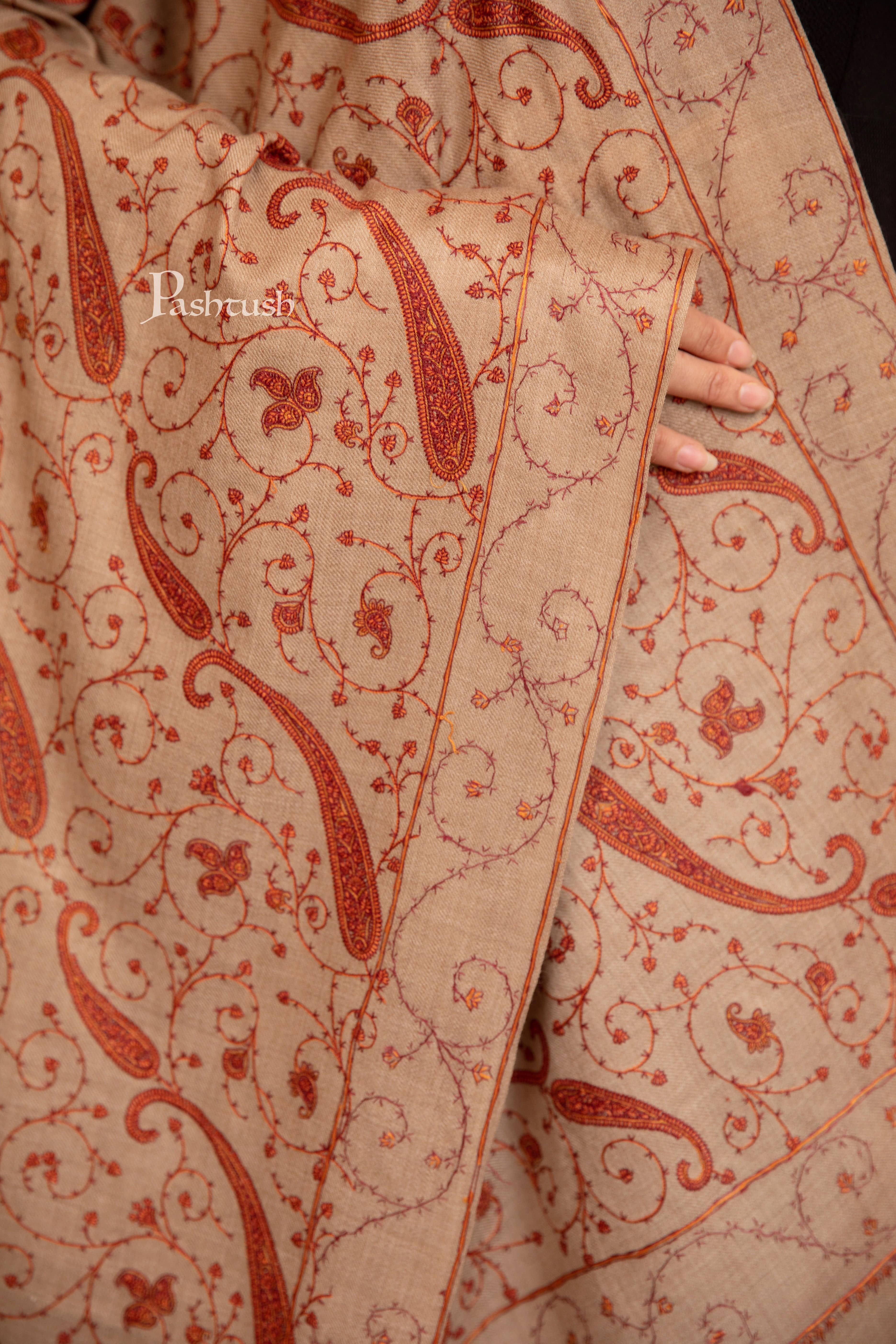 Pashtush Womens Fine Wool Shawl, Heavy Jaal Embroidery Design, Beige - Image 2
