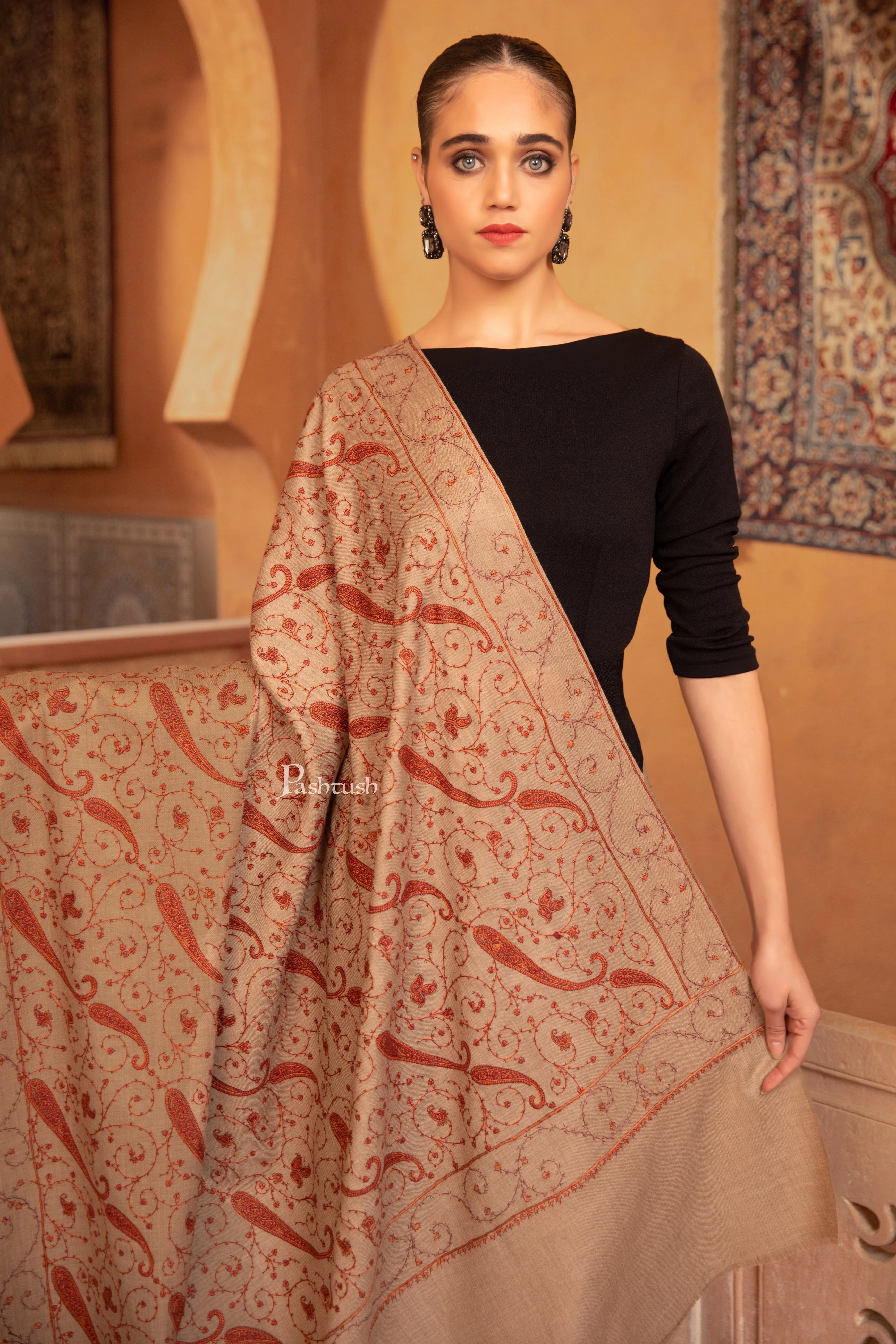 Pashtush Womens Fine Wool Shawl, Heavy Jaal Embroidery Design, Beige - Image 3