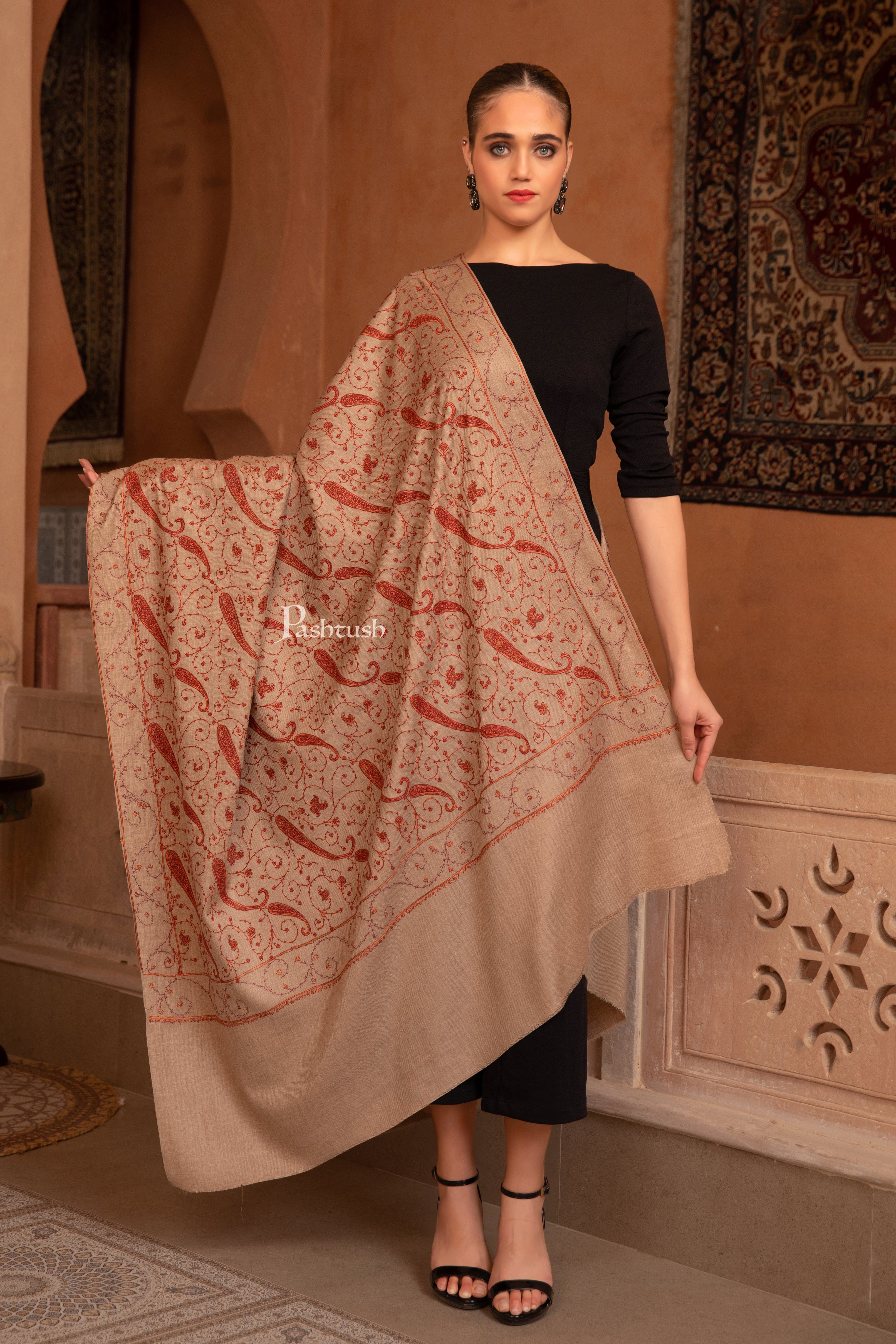 Pashtush Womens Fine Wool Shawl, Heavy Jaal Embroidery Design, Beige - Image 4