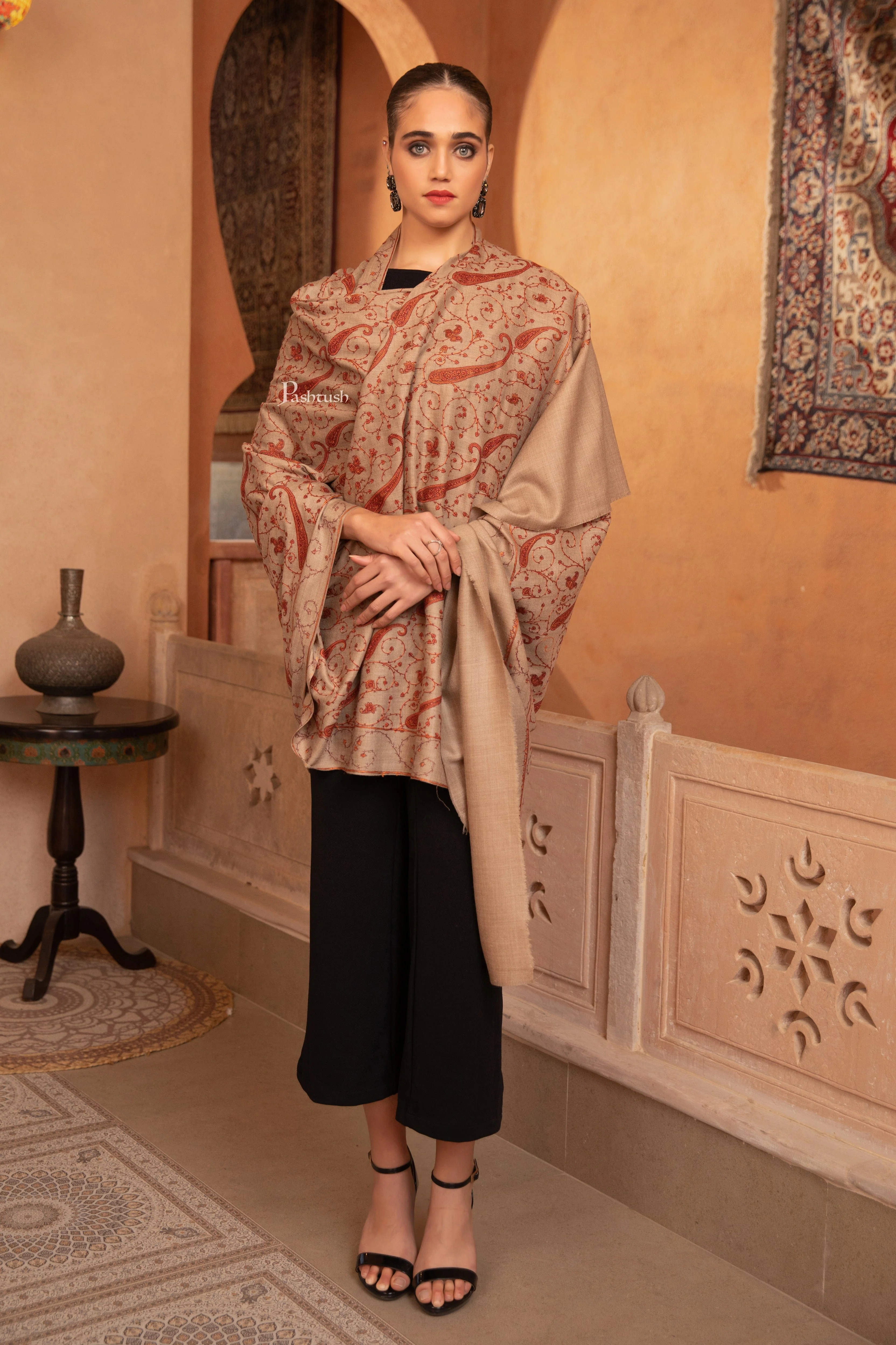 Pashtush Womens Fine Wool Shawl, Heavy Jaal Embroidery Design, Beige - Image 6