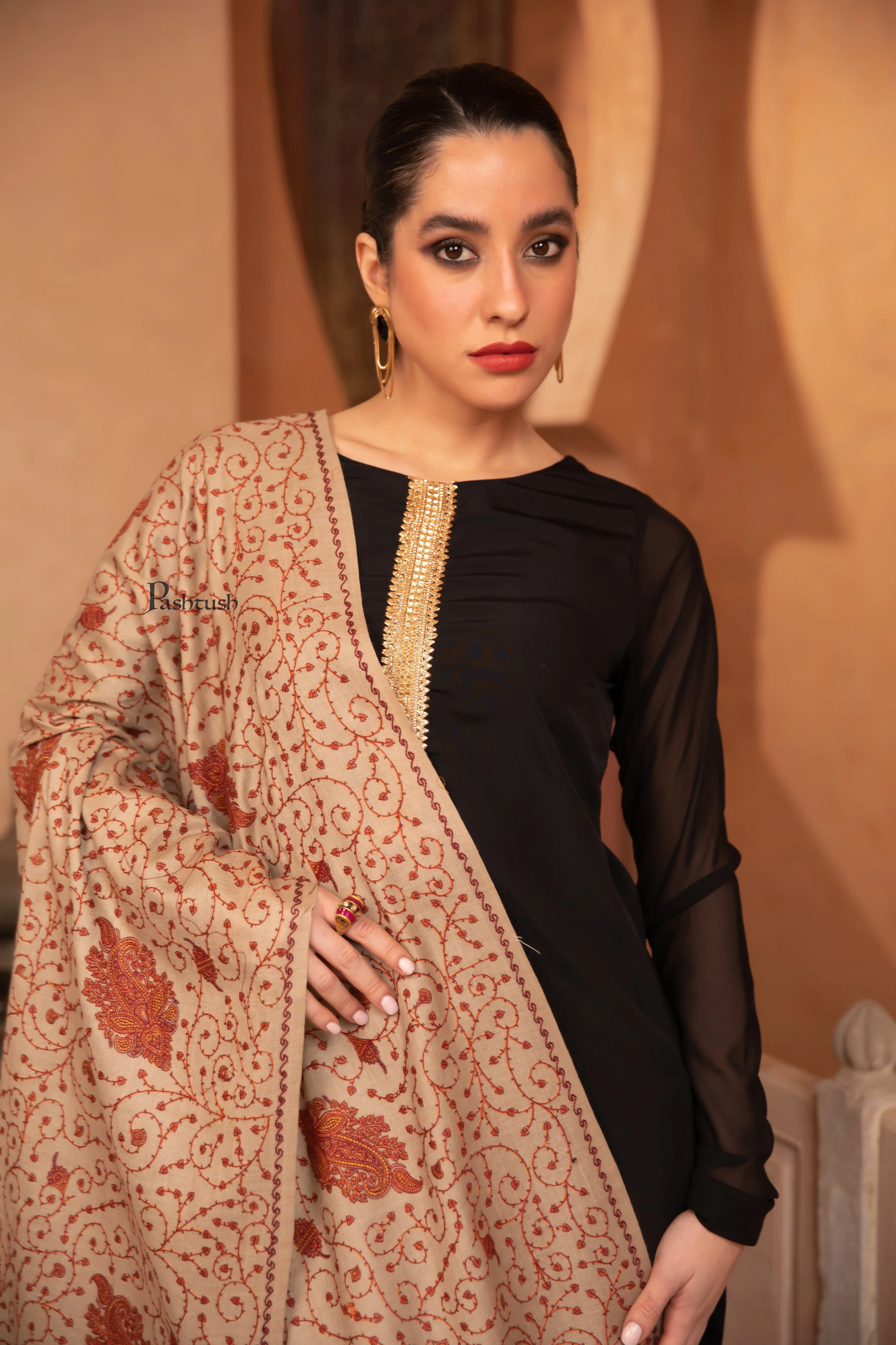 Pashtush Womens Fine Wool Shawl, Heavy Jaal Embroidery Design, Beige - Image 4