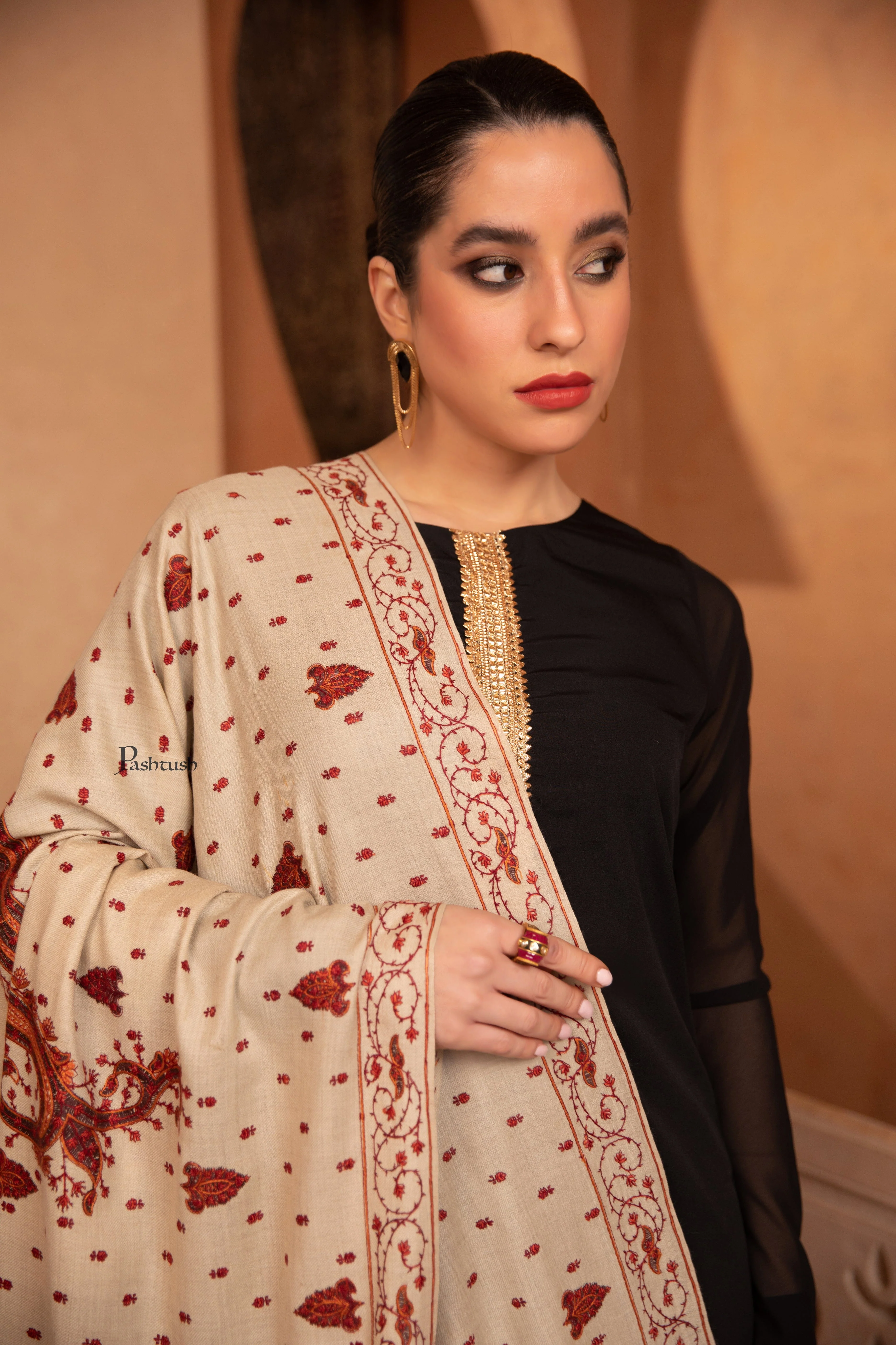 Pashtush Womens Fine Wool Shawl, Heavy Jaal Embroidery Design, Beige - Image 4