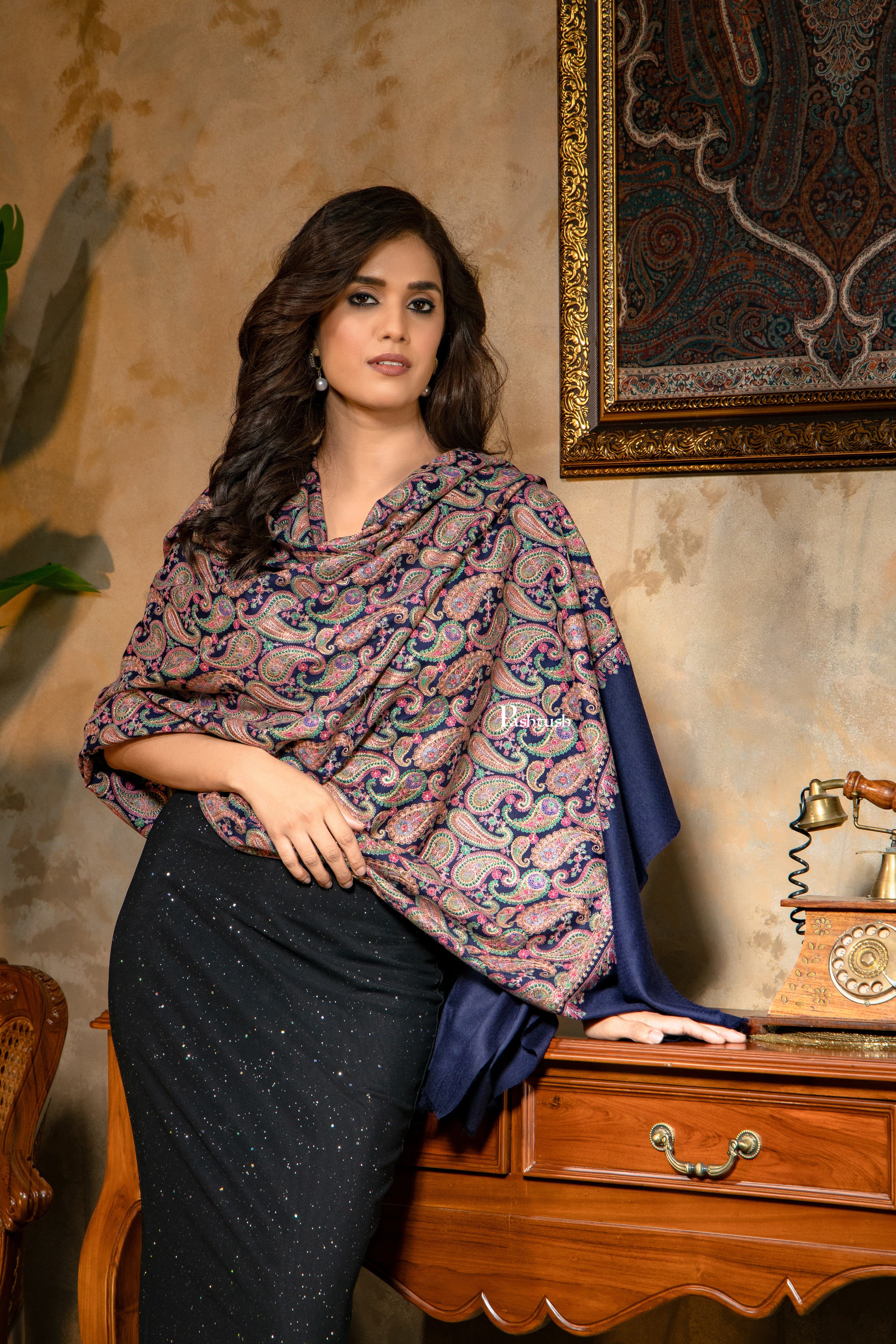 Pashtush Womens Fine Wool Shawl, Heavy Jaal Nalki Embroidery Design, Blue - Image 4
