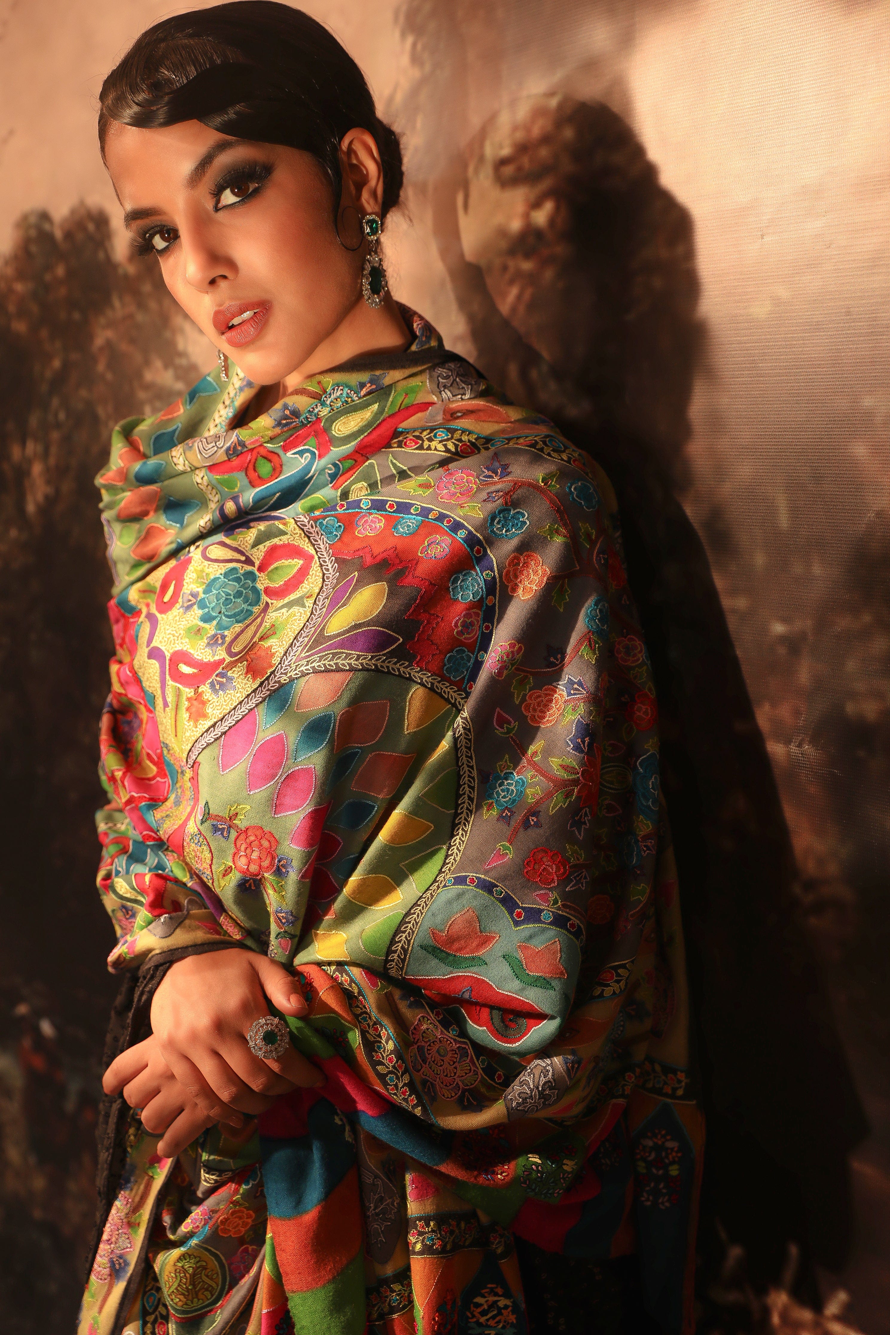 Pashtush Womens Fine wool shawl, kalamkari design, Multicolour