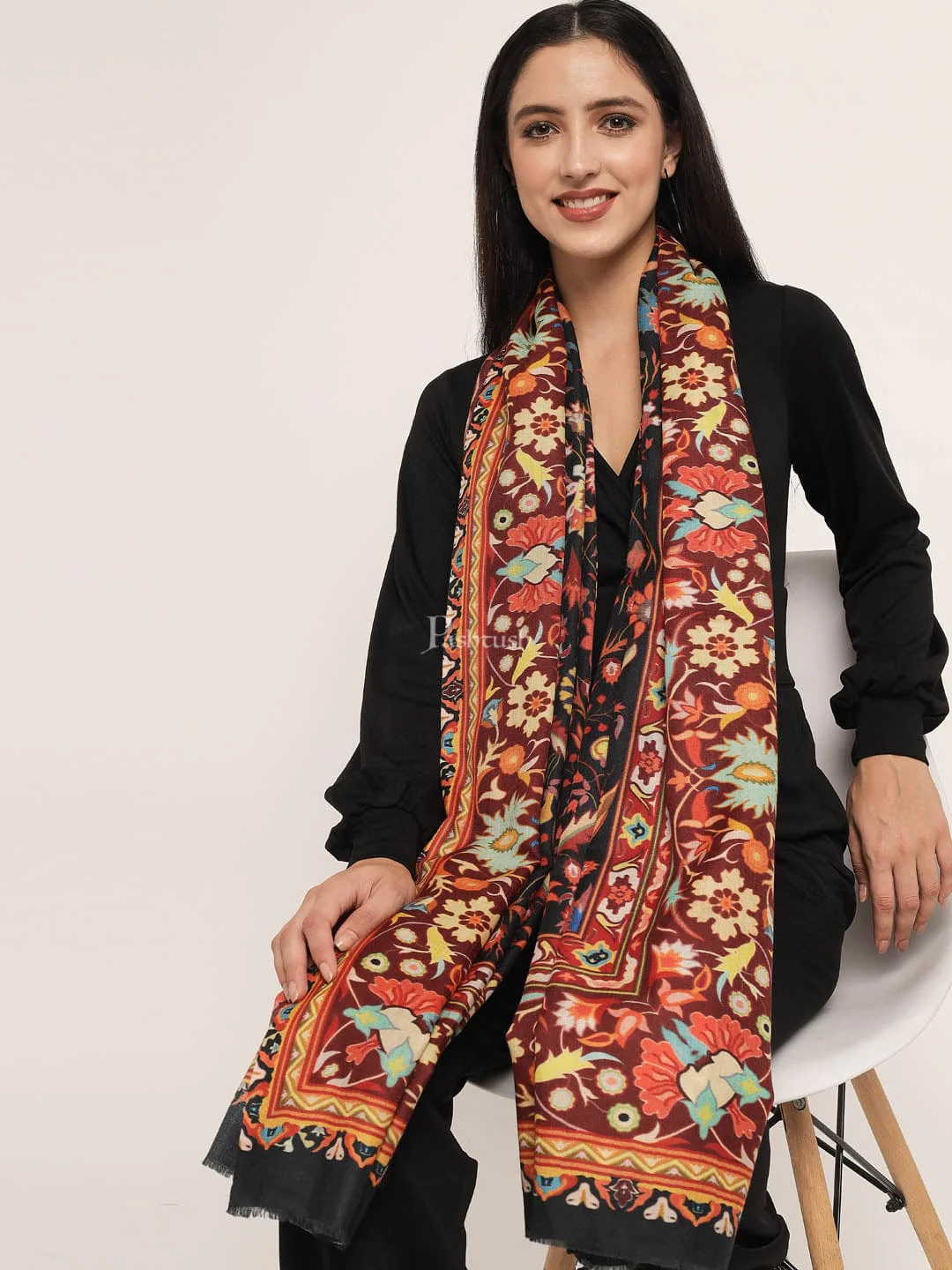 Pashtush womens Bamboo shawl, kalamkari printed design, Multicolour - Image 3