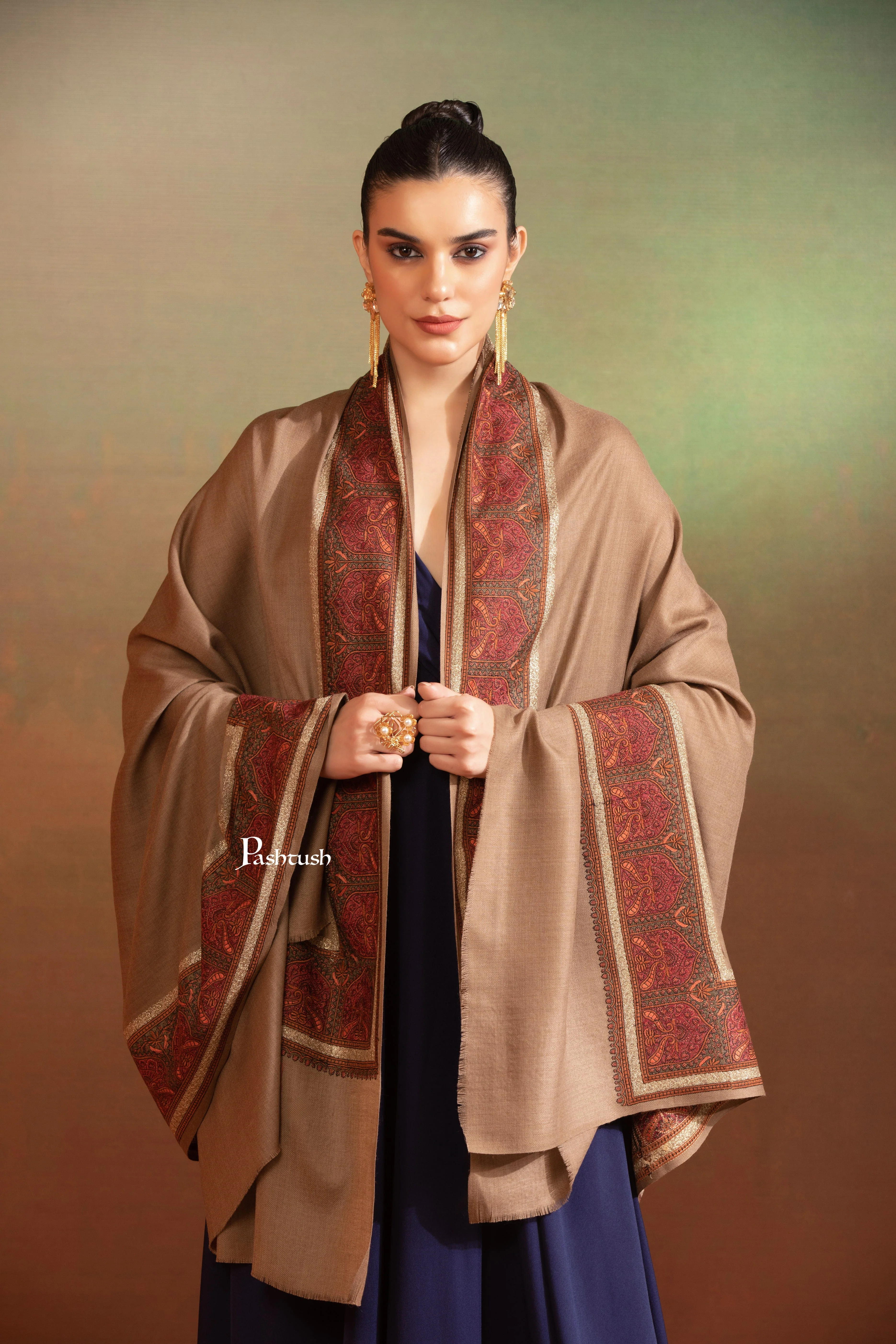 Pashtush Womens Fine Wool Shawl, Kashmiri Border Embroidery With Tilla Design, Taupe - Image 4