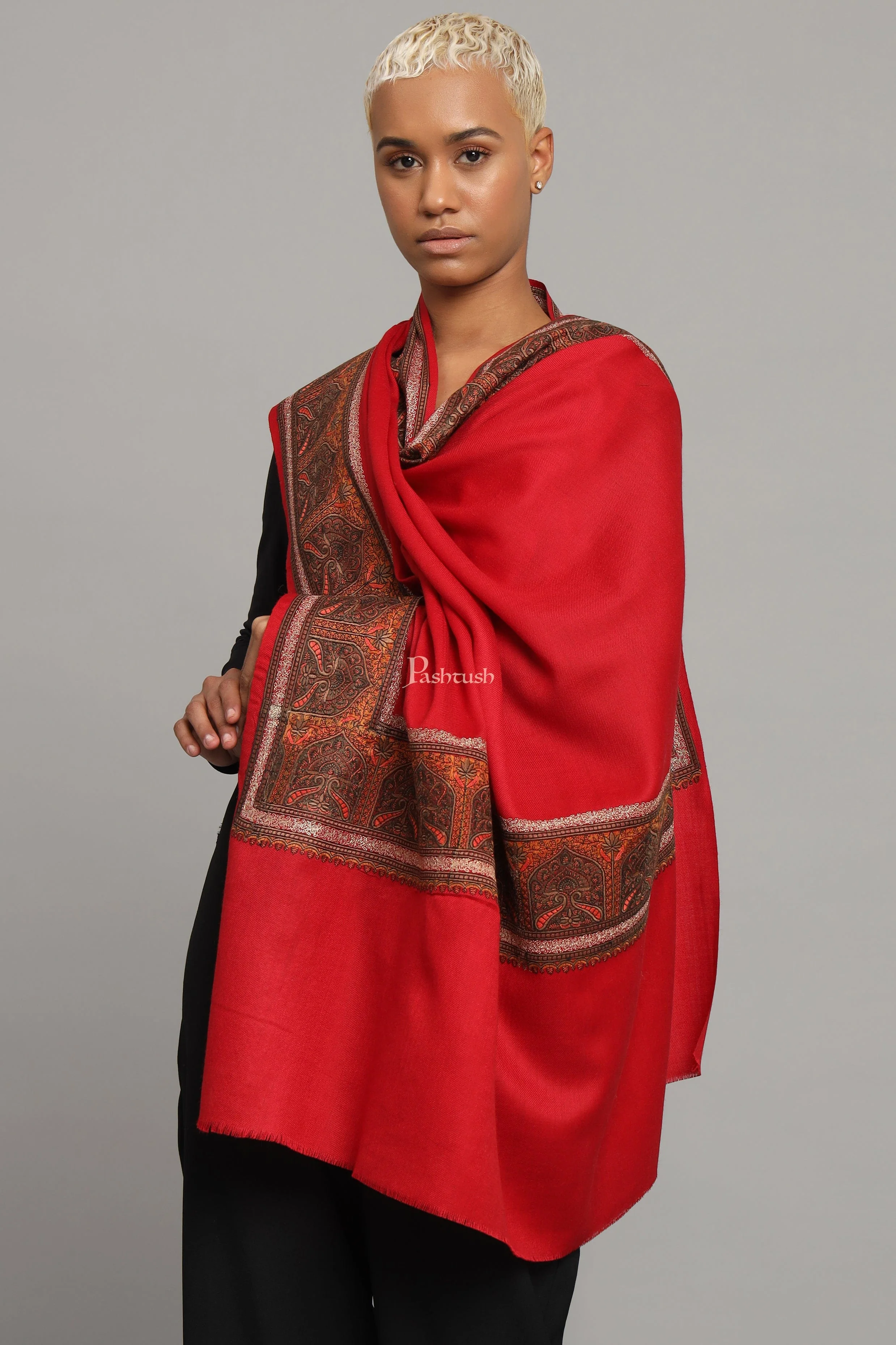 Pashtush Womens Fine Wool Shawl, Kashmiri Embroidery, Challa Daur With Metallic Border Design, Red - Image 4