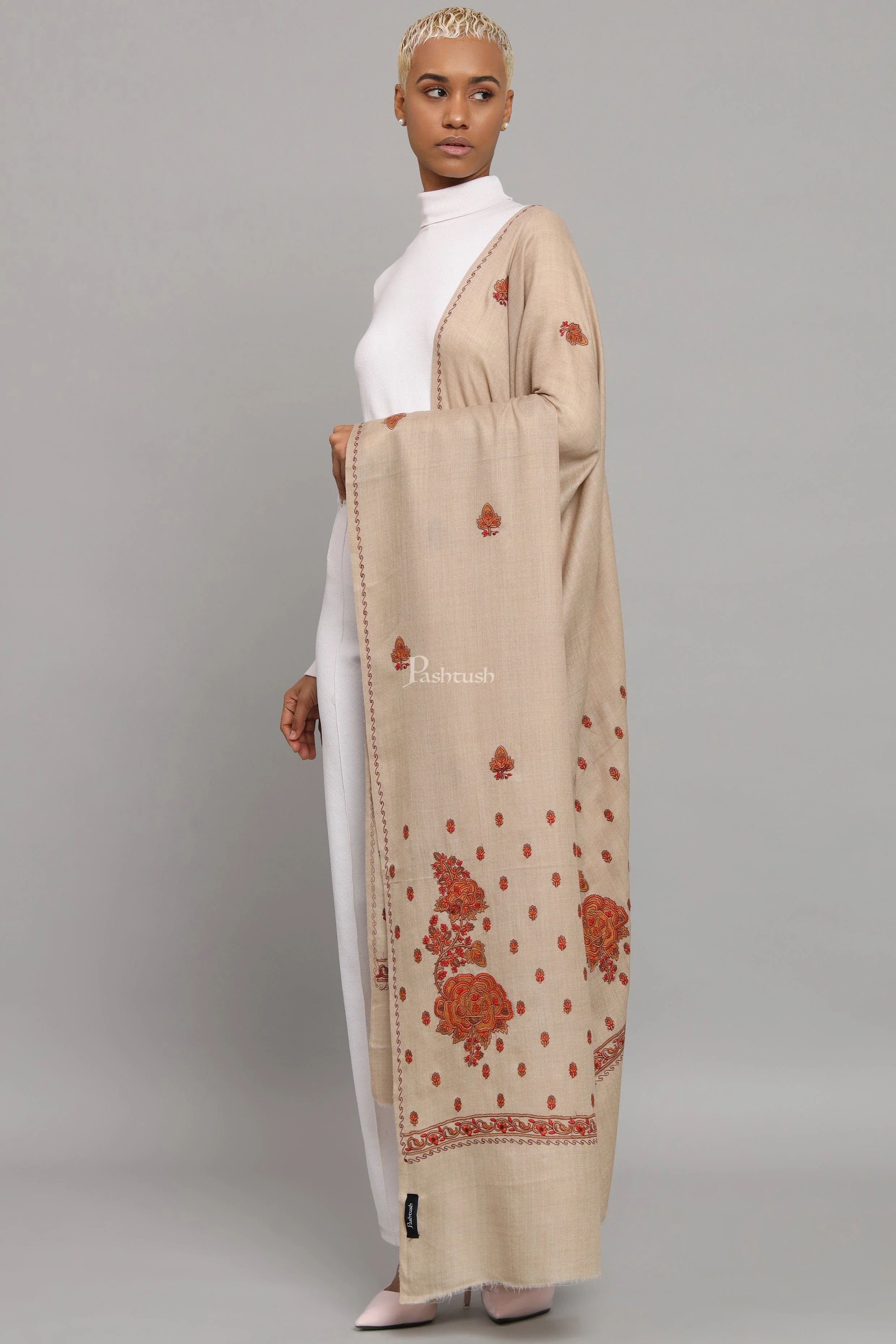 Pashtush Womens Fine Wool Shawl, Kashmiri Embroidery Palla Design, Taupe - Image 2