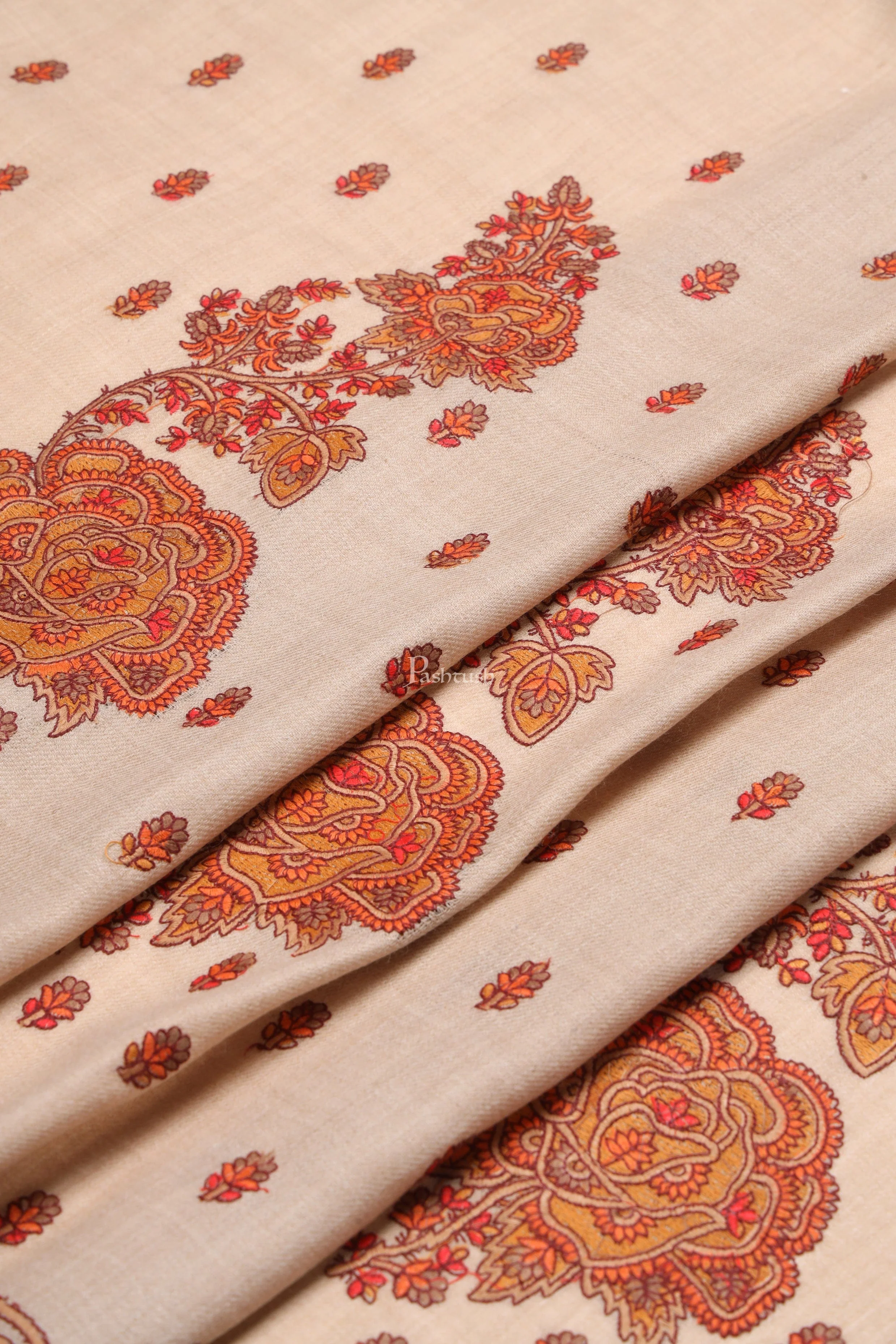 Pashtush Womens Fine Wool Shawl, Kashmiri Embroidery Palla Design, Taupe - Image 5
