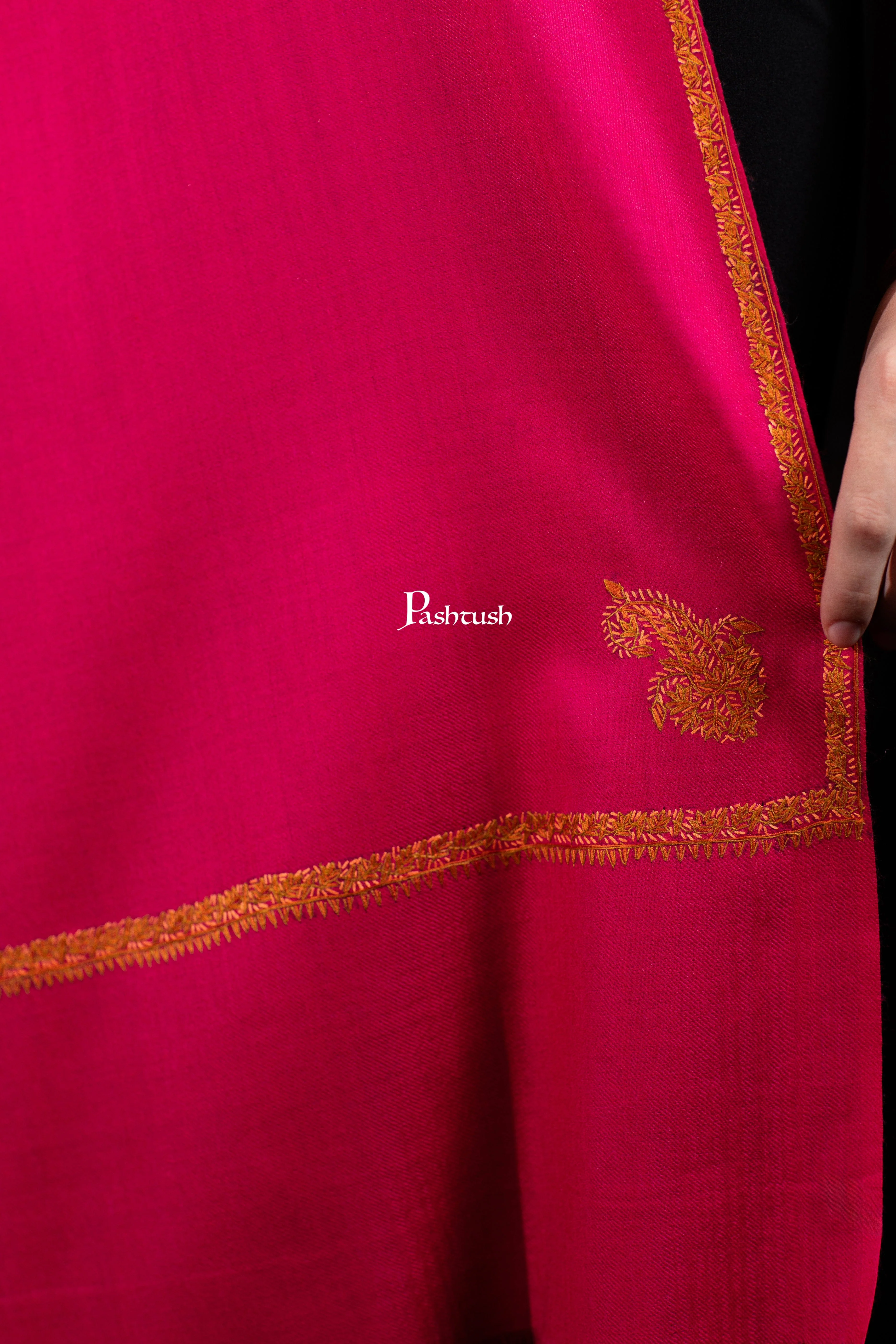 Pashtush Womens Fine Wool Shawl, Kashmiri Hand Embroidery, Kingri Design, Fuchsia - Image 2