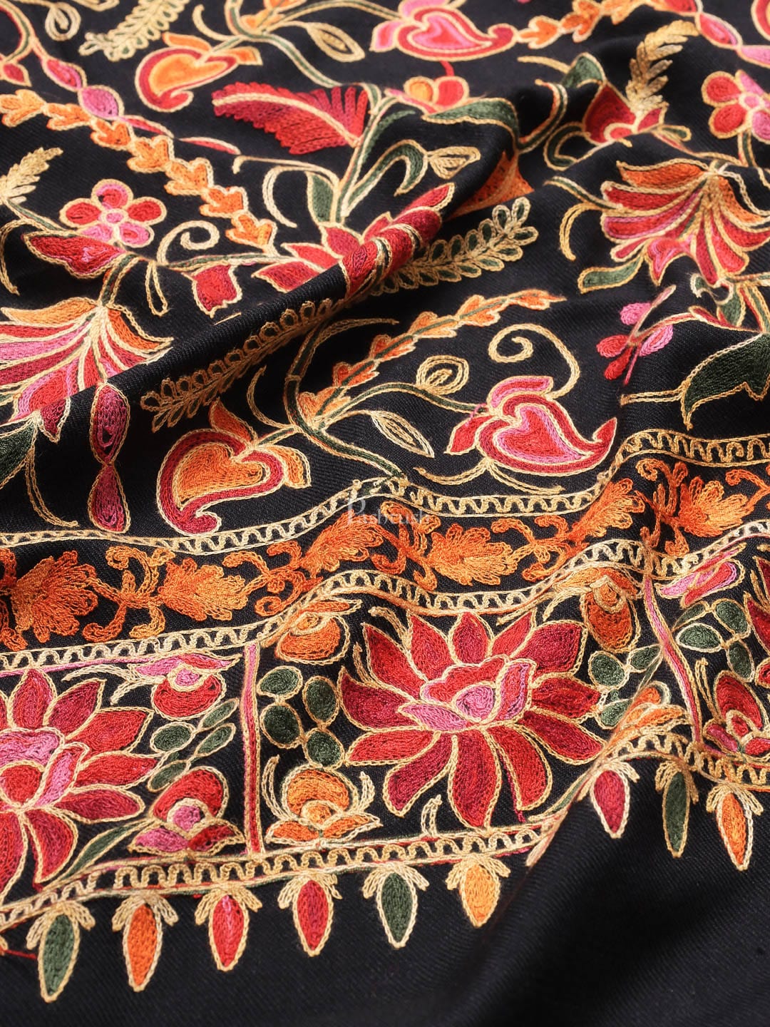 Pashtush womens Fine Wool shawl, nalki embroidery design, Black