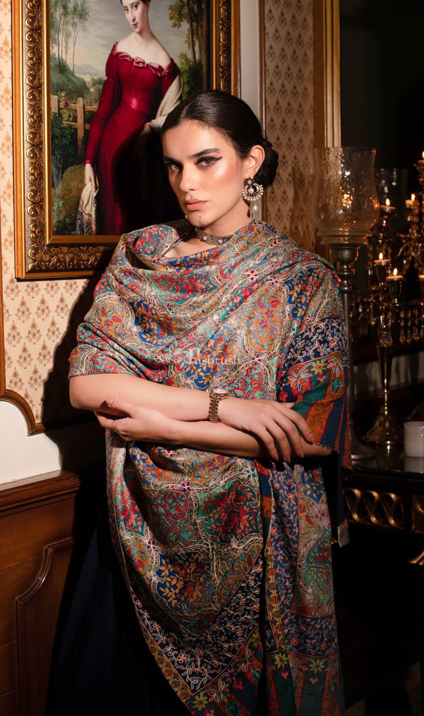 Pashtush womens Fine Wool shawl, nalki embroidery design, Multicolour - Image 2