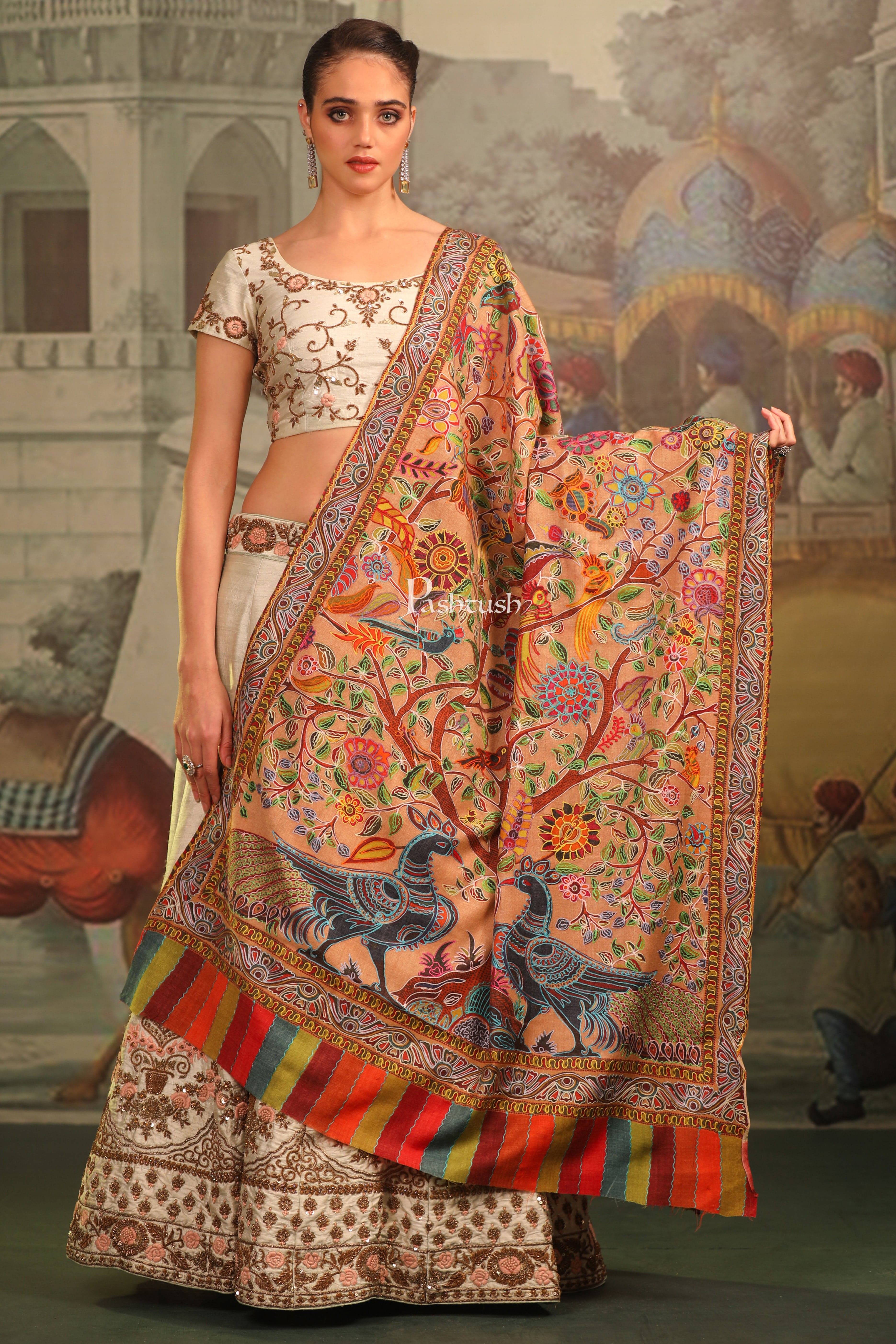 Pashtush Womens Fine Wool Shawl, Nalki Embroidery Peacock Design, Multicolour