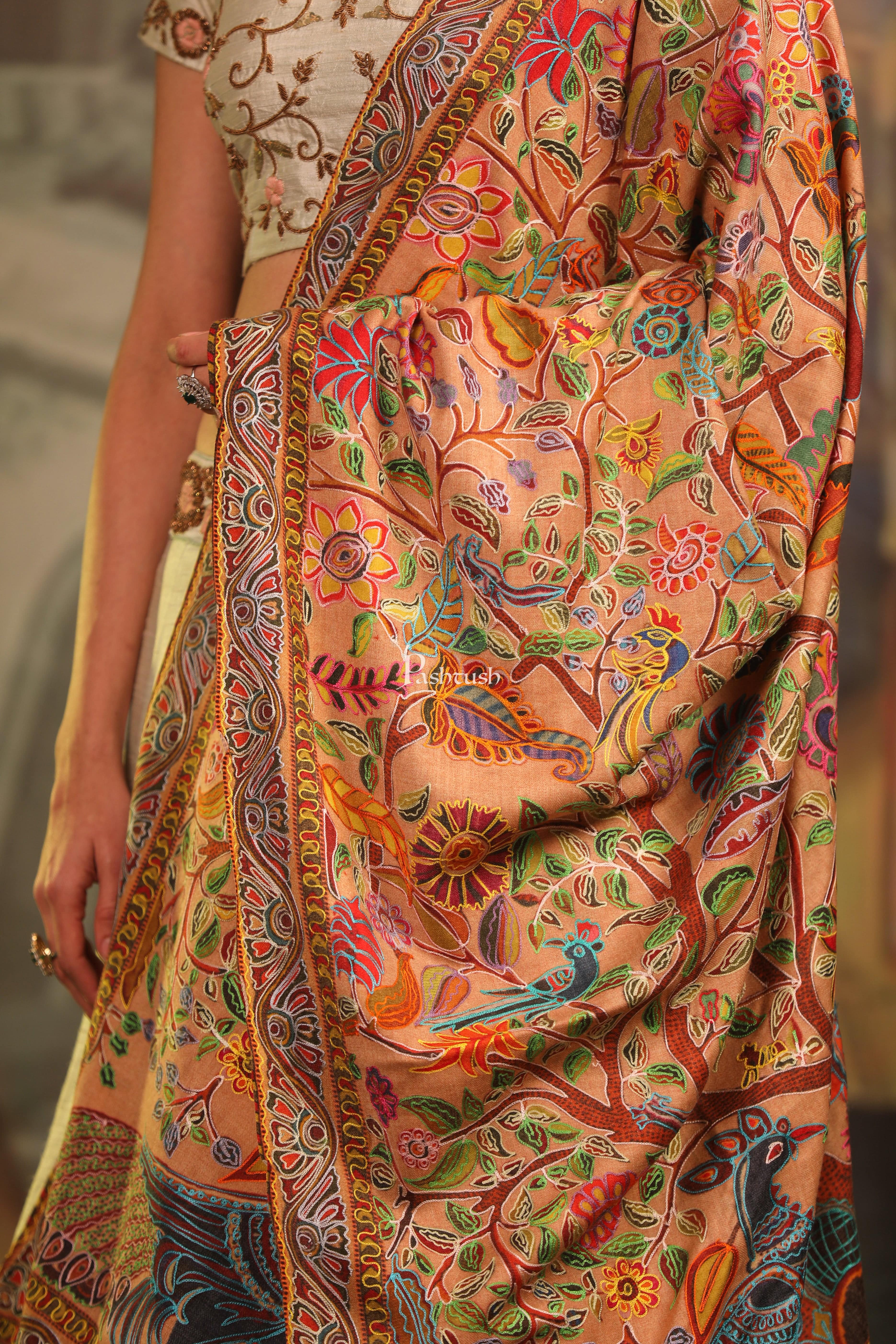 Pashtush Womens Fine Wool Shawl, Nalki Embroidery Peacock Design, Multicolour - Image 2
