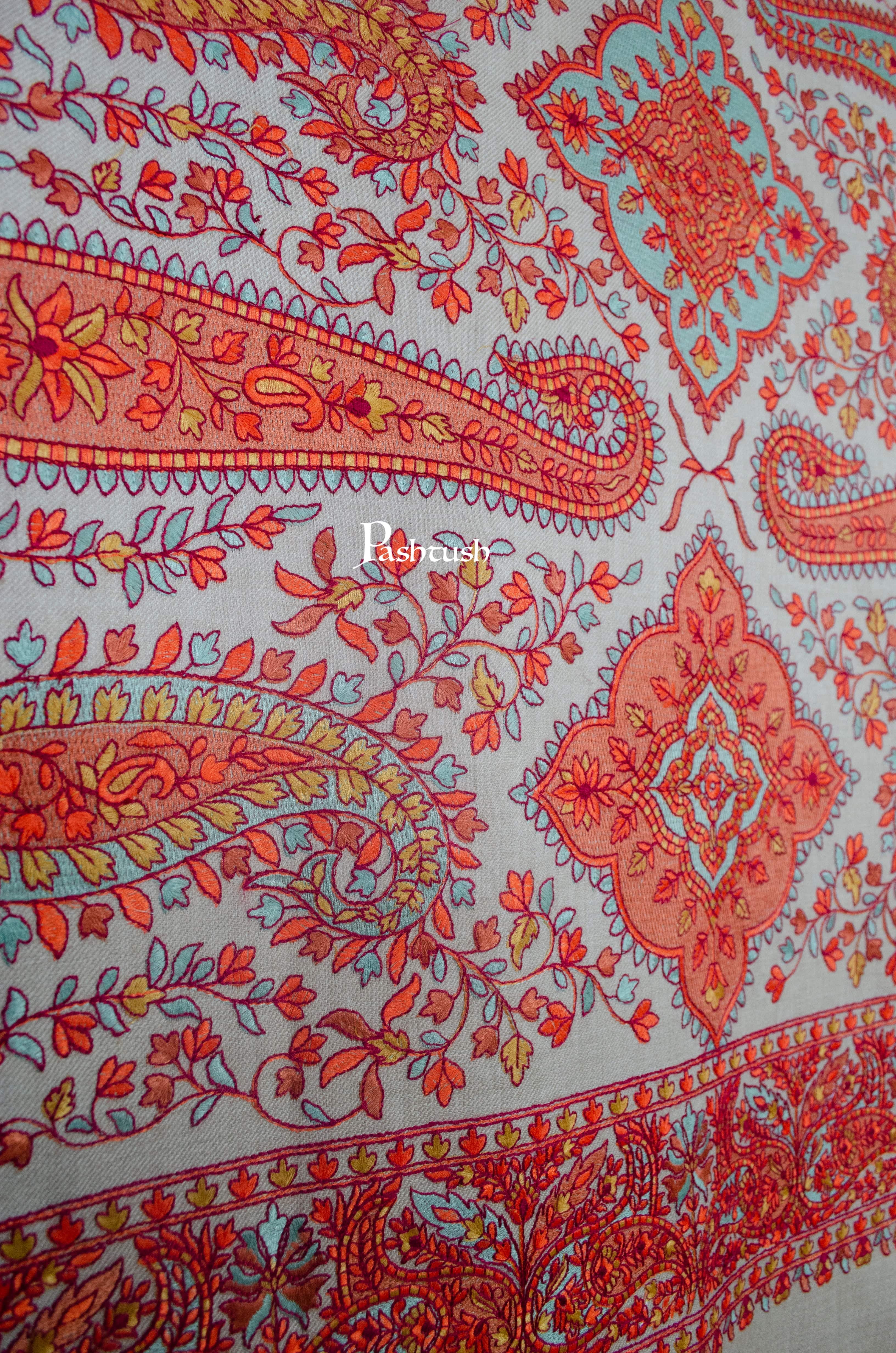 Pashtush Womens Fine Wool Shawl, Papier Mache Embroidery, Kashmiri Jaal Design, Beige - Image 3