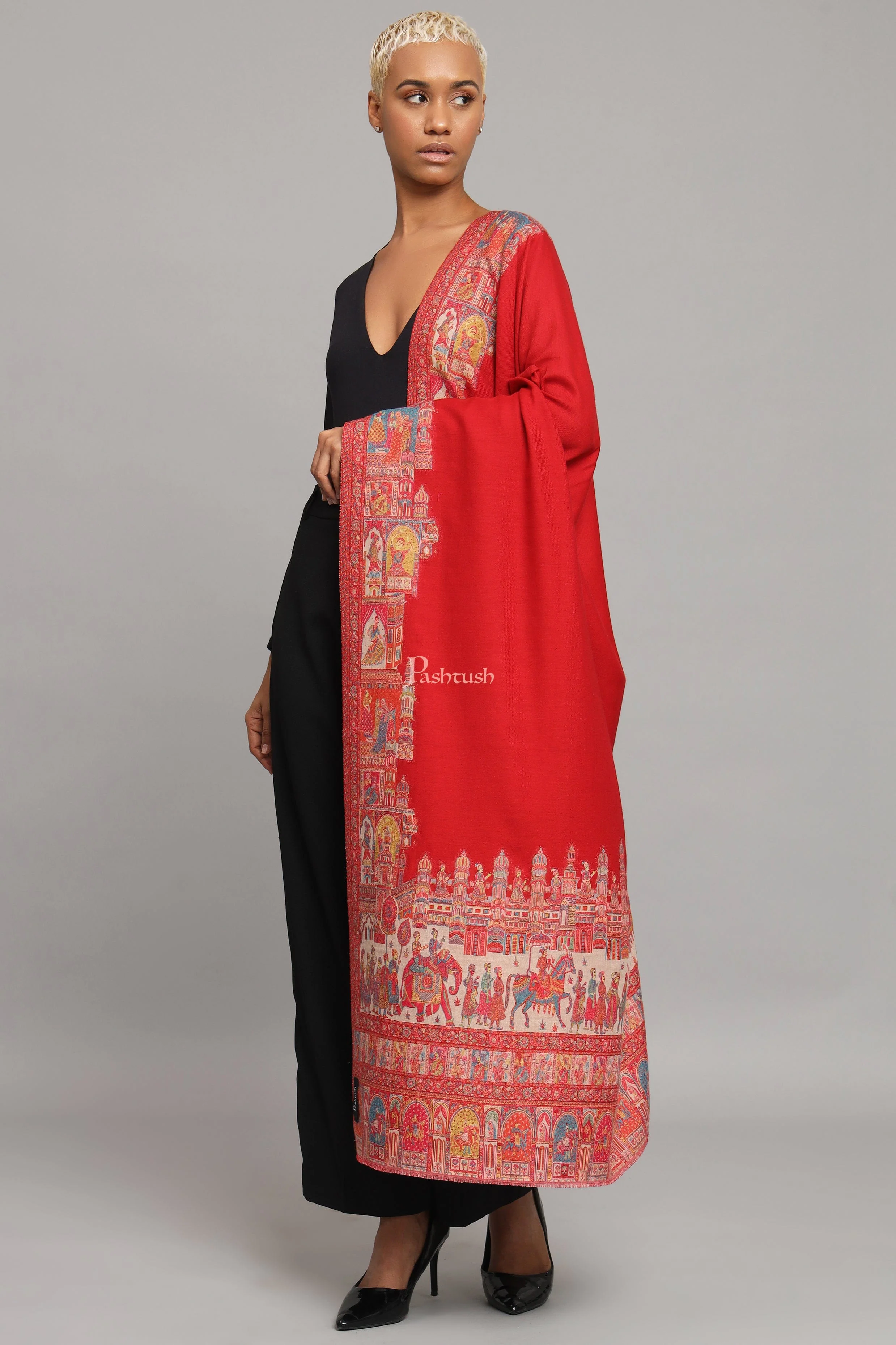 Pashtush Womens Fine Wool Shawl, Royal Darbar Palla, Woven Design, Red And Beige - Image 2