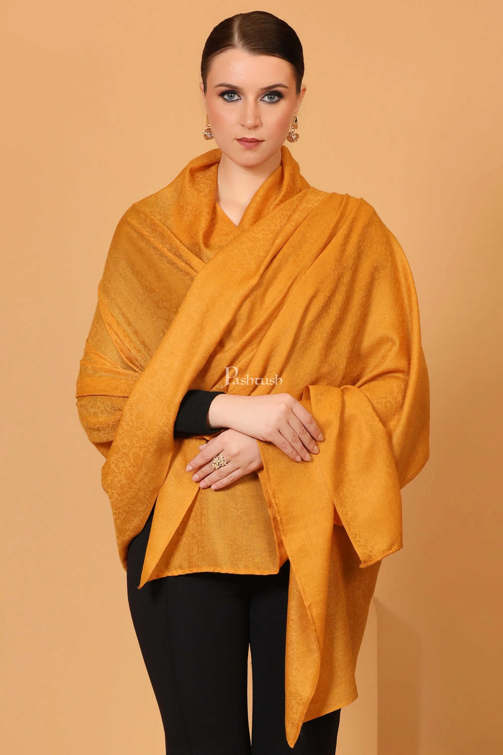 Pashtush Womens Fine Wool Shawl, Self Paisley Weave, Extra Soft, Warm and Light, Mustard