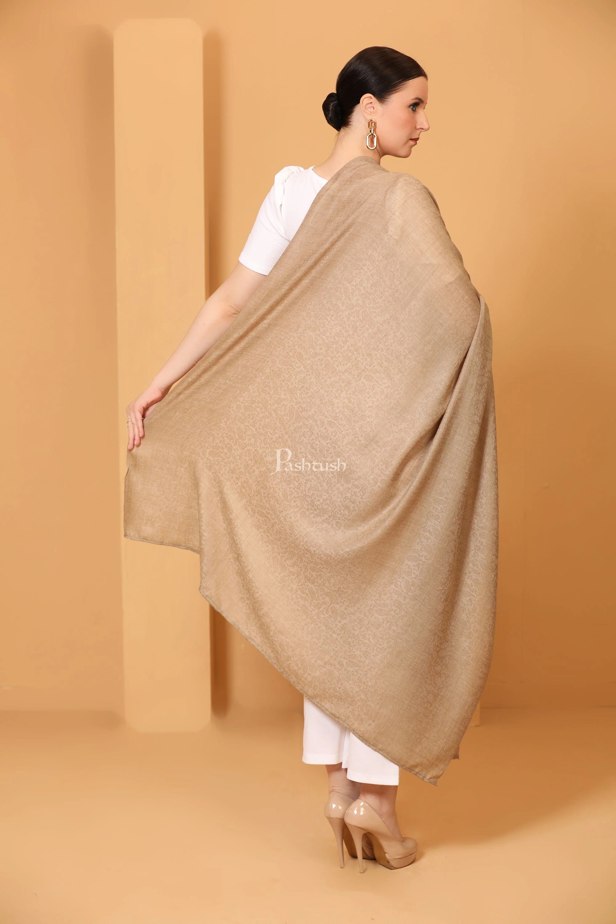 Pashtush Womens Fine Wool Shawl, Self Paisley Weave, Extra Soft, Warm and Light, Natural Beige - Image 2