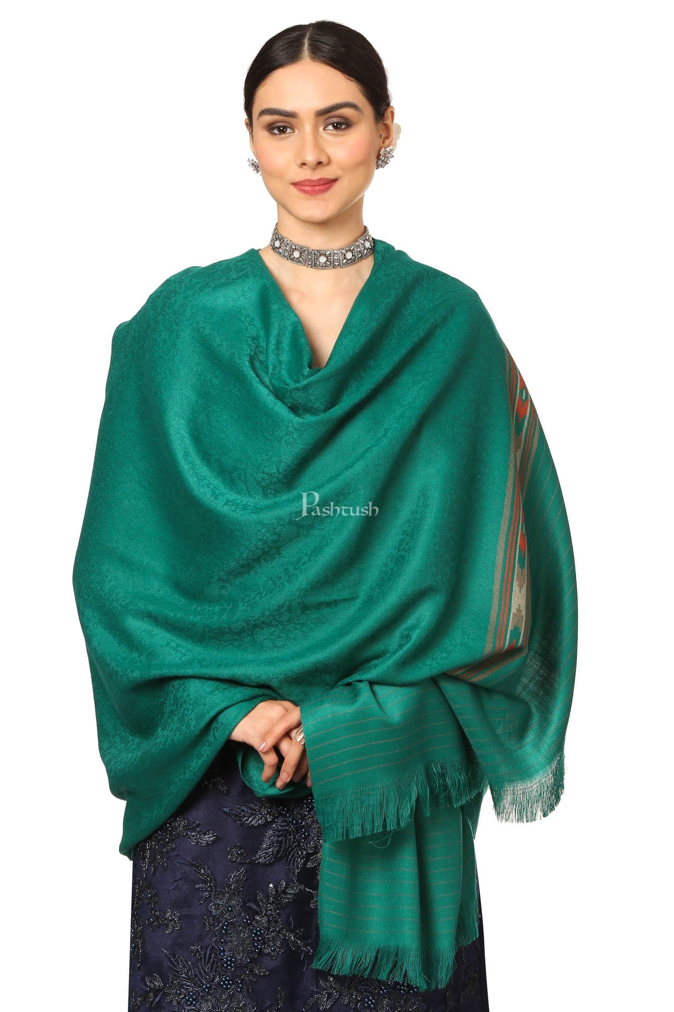 Pashtush Women'S Fine Wool Shawl, Soft And Warm, Aztec Design, Jacquard Weave - Bottle Green - Image 3