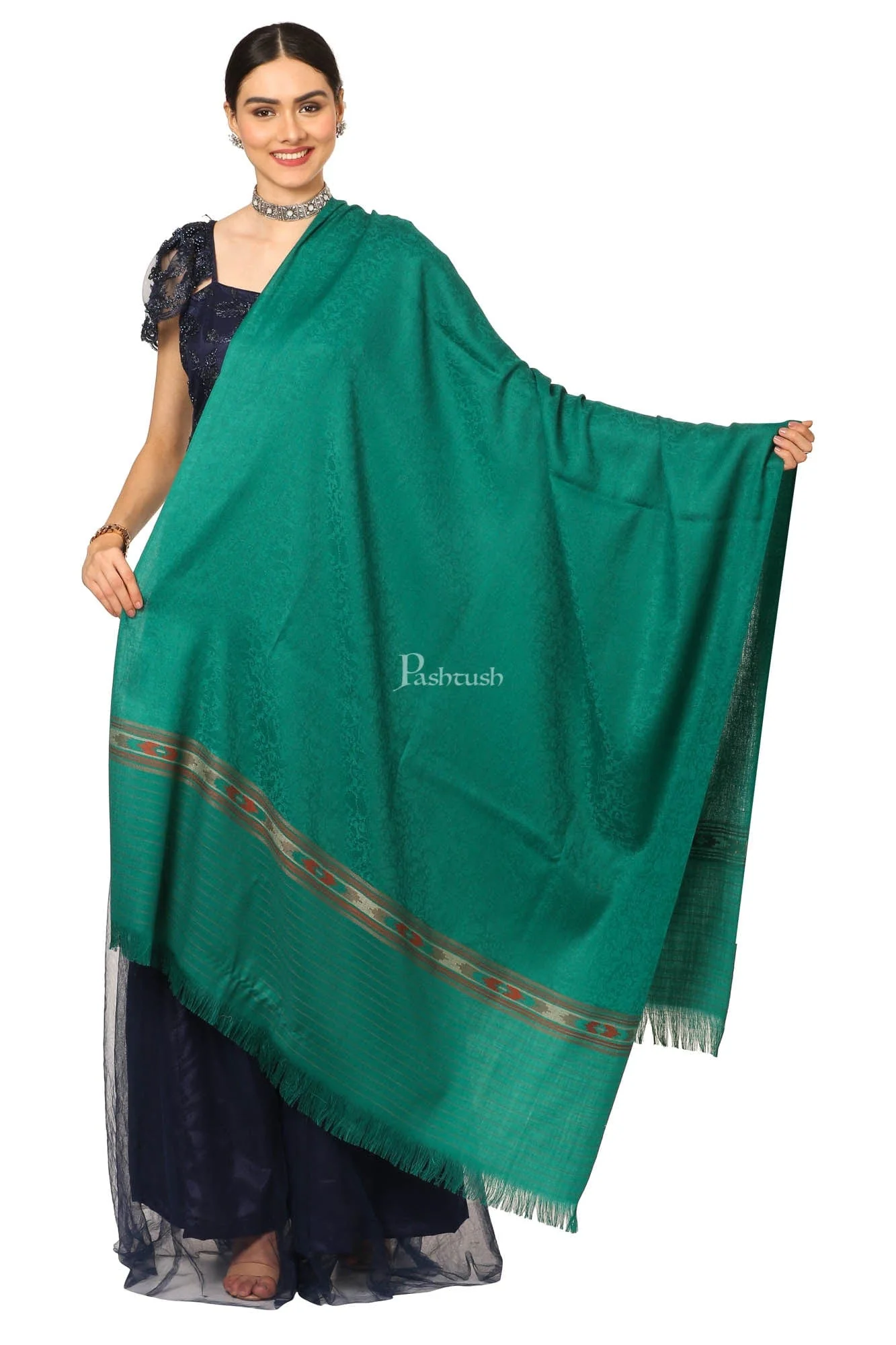 Pashtush Women'S Fine Wool Shawl, Soft And Warm, Aztec Design, Jacquard Weave - Bottle Green - Image 4